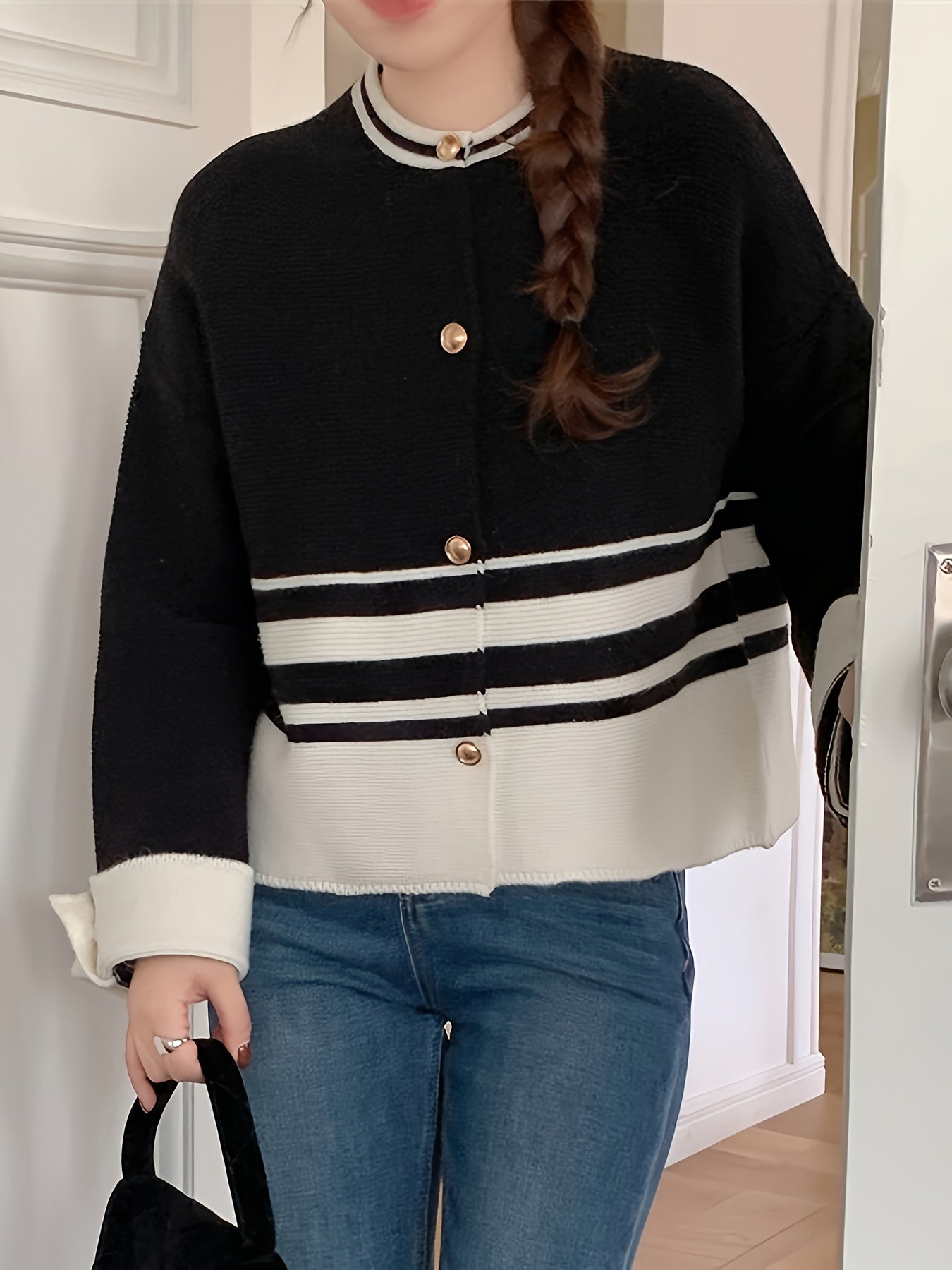 Sixsr Striped Pattern Single Breasted Cardigan, Vintage Long Sleeve Knit Outwear For Fall & Winter, Women's Clothing