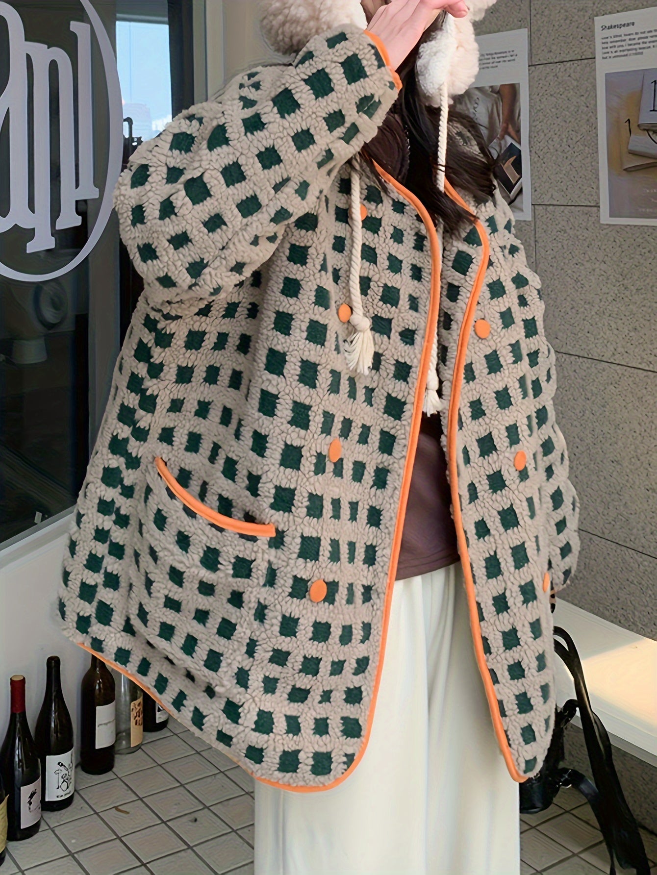 Sixsr Plaid Pattern Button Front Faux Fur Coat, Casual Long Sleeve Outwear For Fall & Winter, Women's Clothing