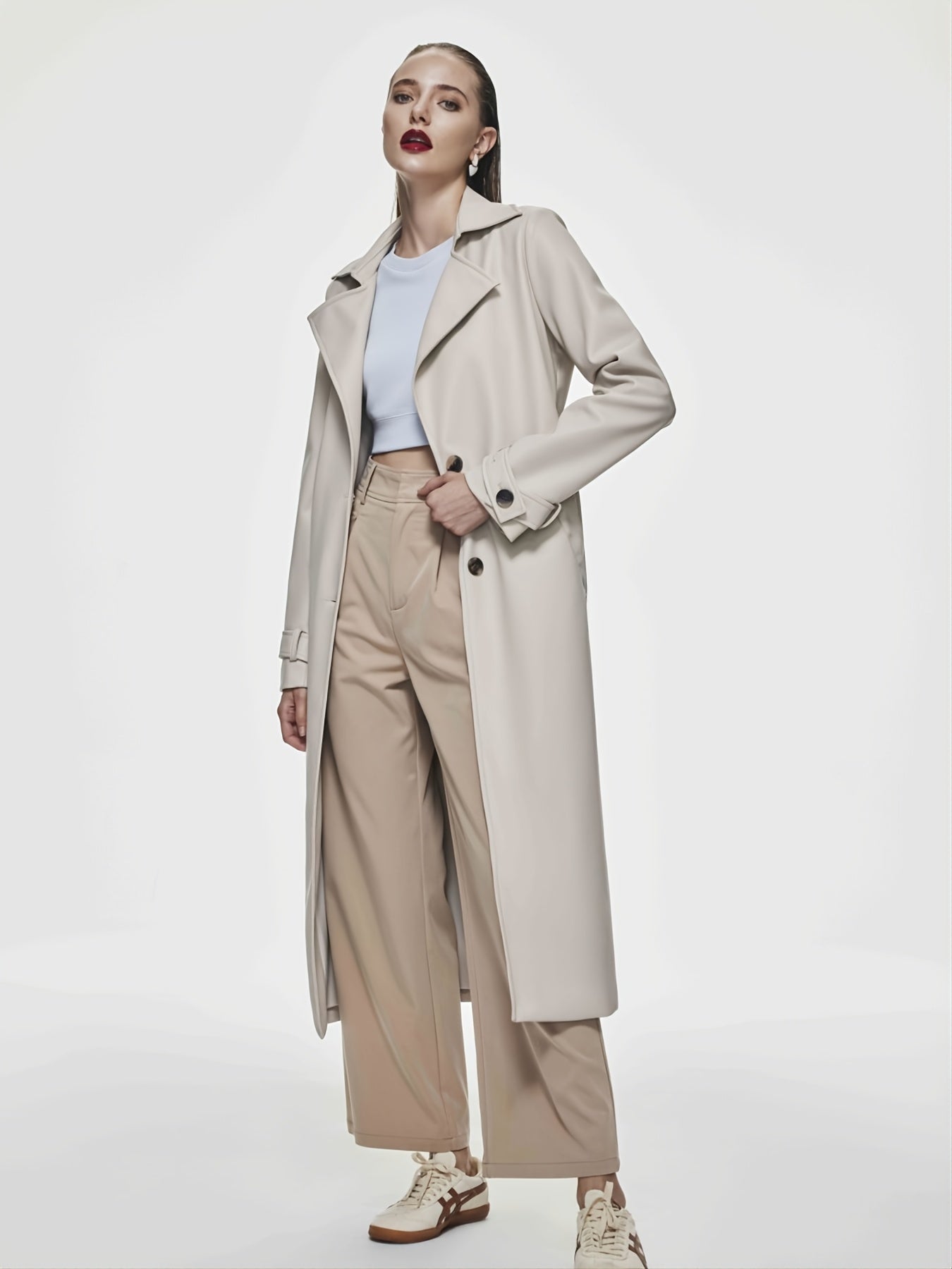Sixsr Solid Faux Leather Double Lapel Long Sleeve Trench Coat, Fashion Fall Winter Overcoat, Women's Clothing