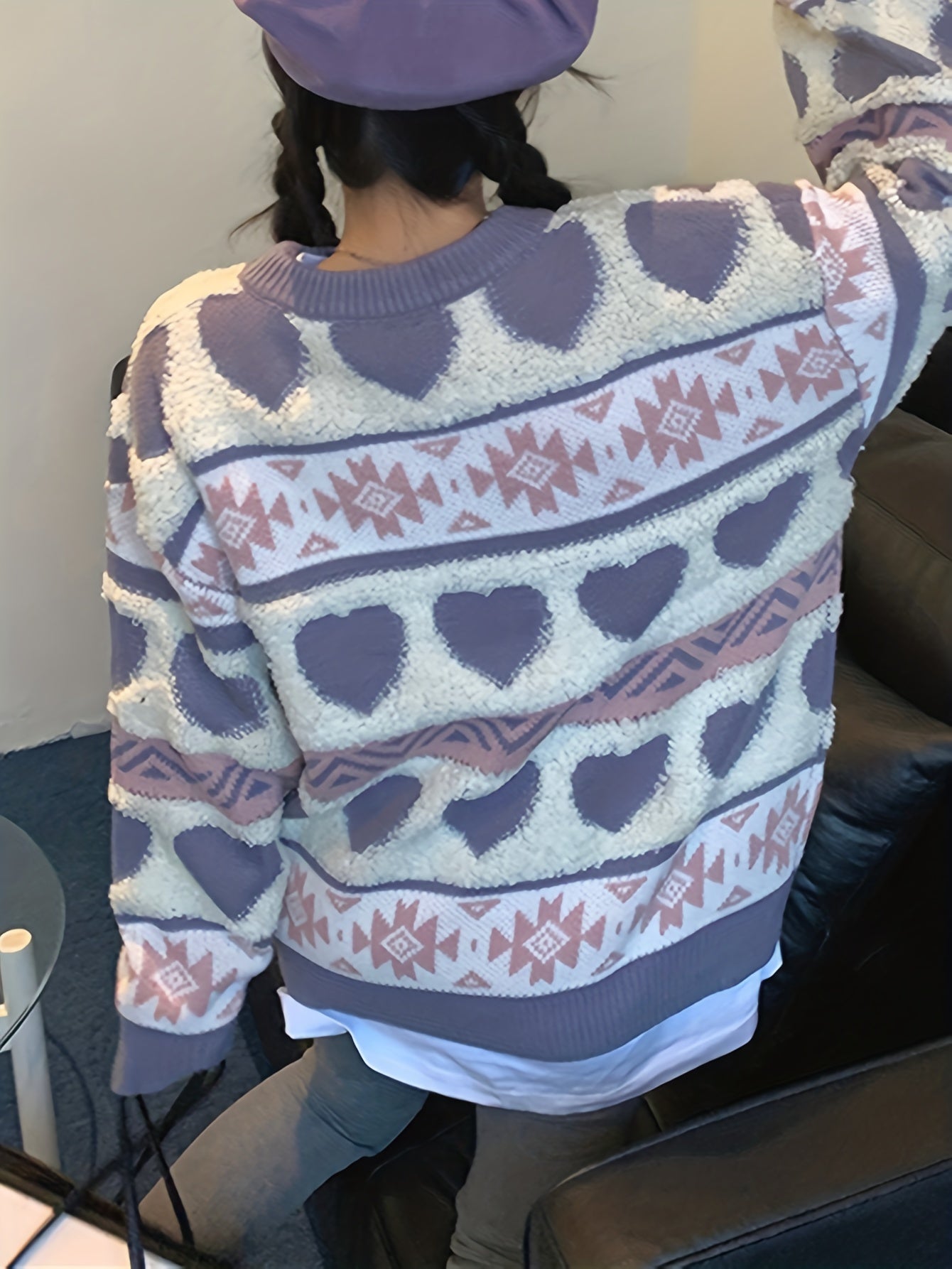 Sixsr Heart Pattern Crew Neck Pullover Sweater, Vintage Long Sleeve Soft Oversized Sweater, Women's Clothing