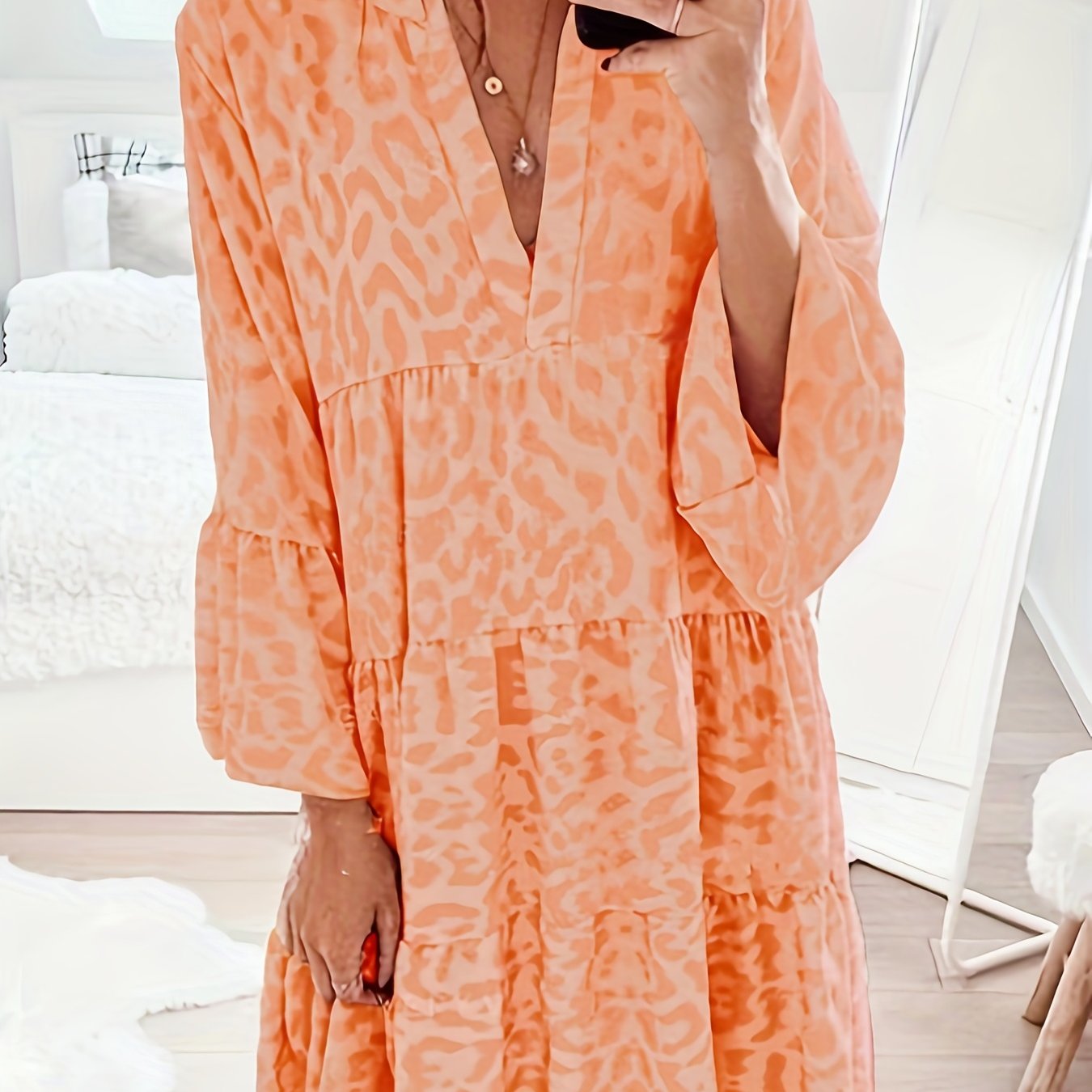 Sixsr Leopard Print Ruffle Hem Dress, Casual V Neck Long Sleeve Dress, Women's Clothing
