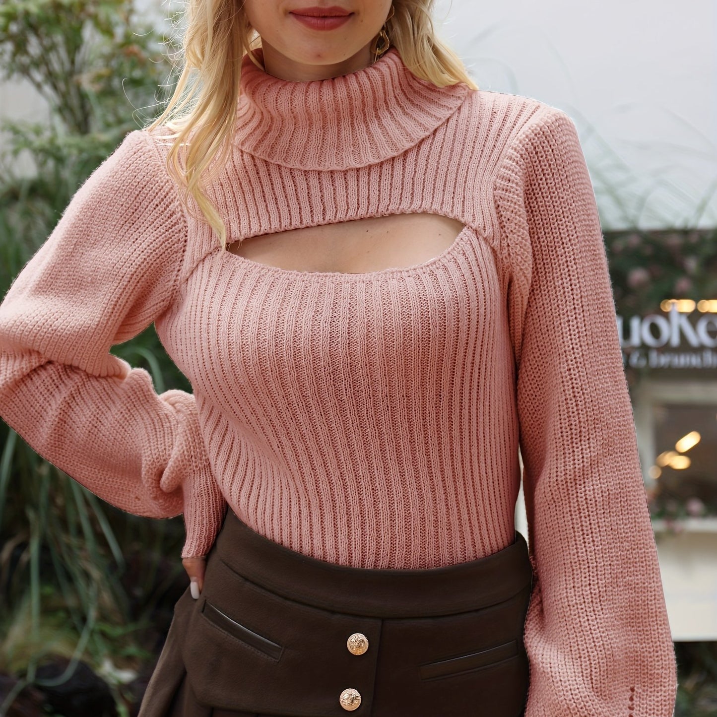 Sixsr Sexy High Neck Sweater, Long Sleeve Sexy Cut Out Casual Sweater For Spring & Fall, Women's Clothing
