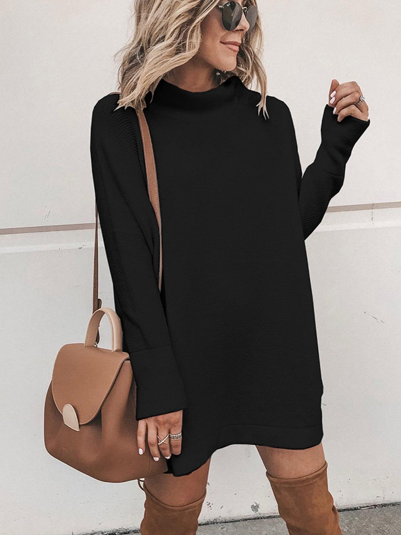Sixsr Casual High Neck Dress, Long Sleeve Solid Loose Fitting Basic Dresses, Women's Clothing