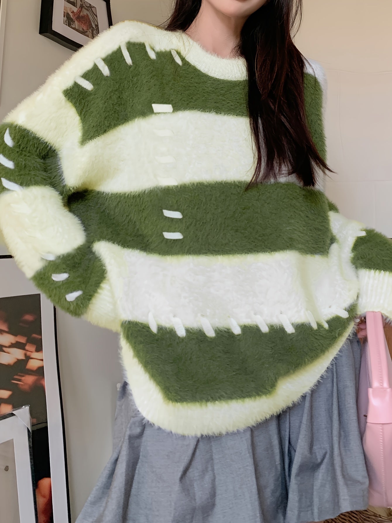 Sixsr Color Block Knitted Pullover Sweater, Casual Long Sleeve Sweater For Fall & Winter, Women's Clothing