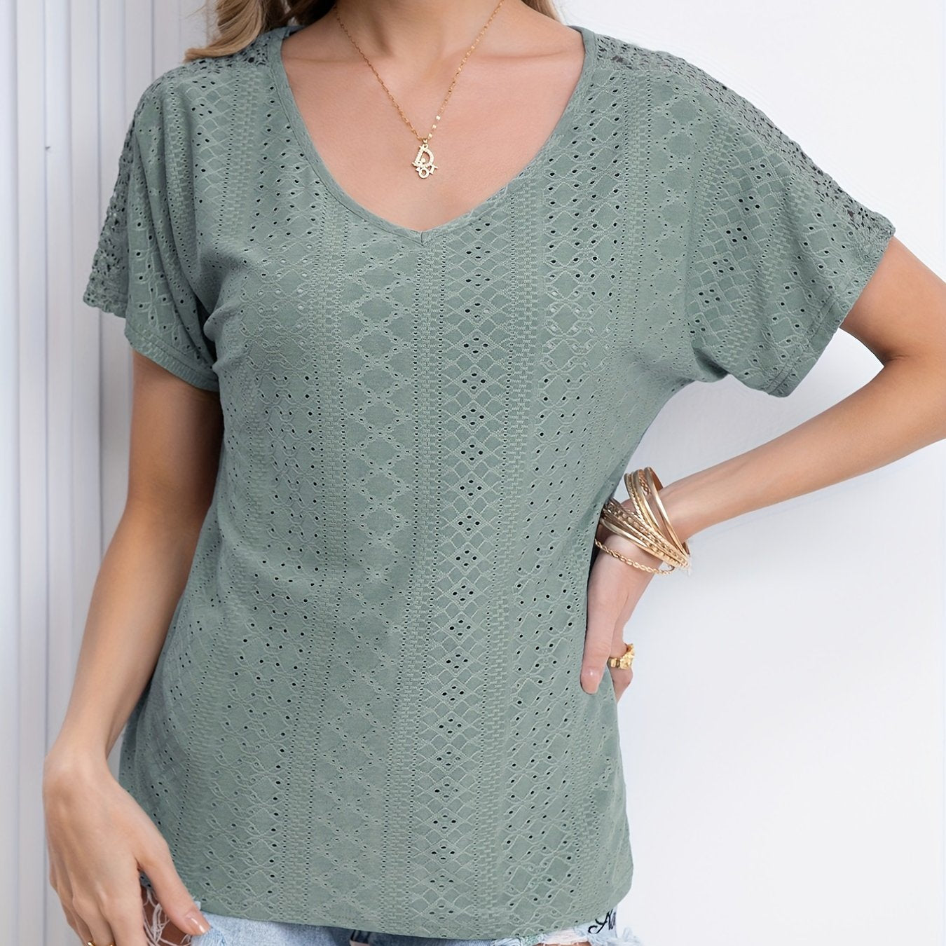Sixsr V Neck Eyelet T-Shirt, Solid Short Sleeve Casual Top For Summer & Spring, Women's Clothing
