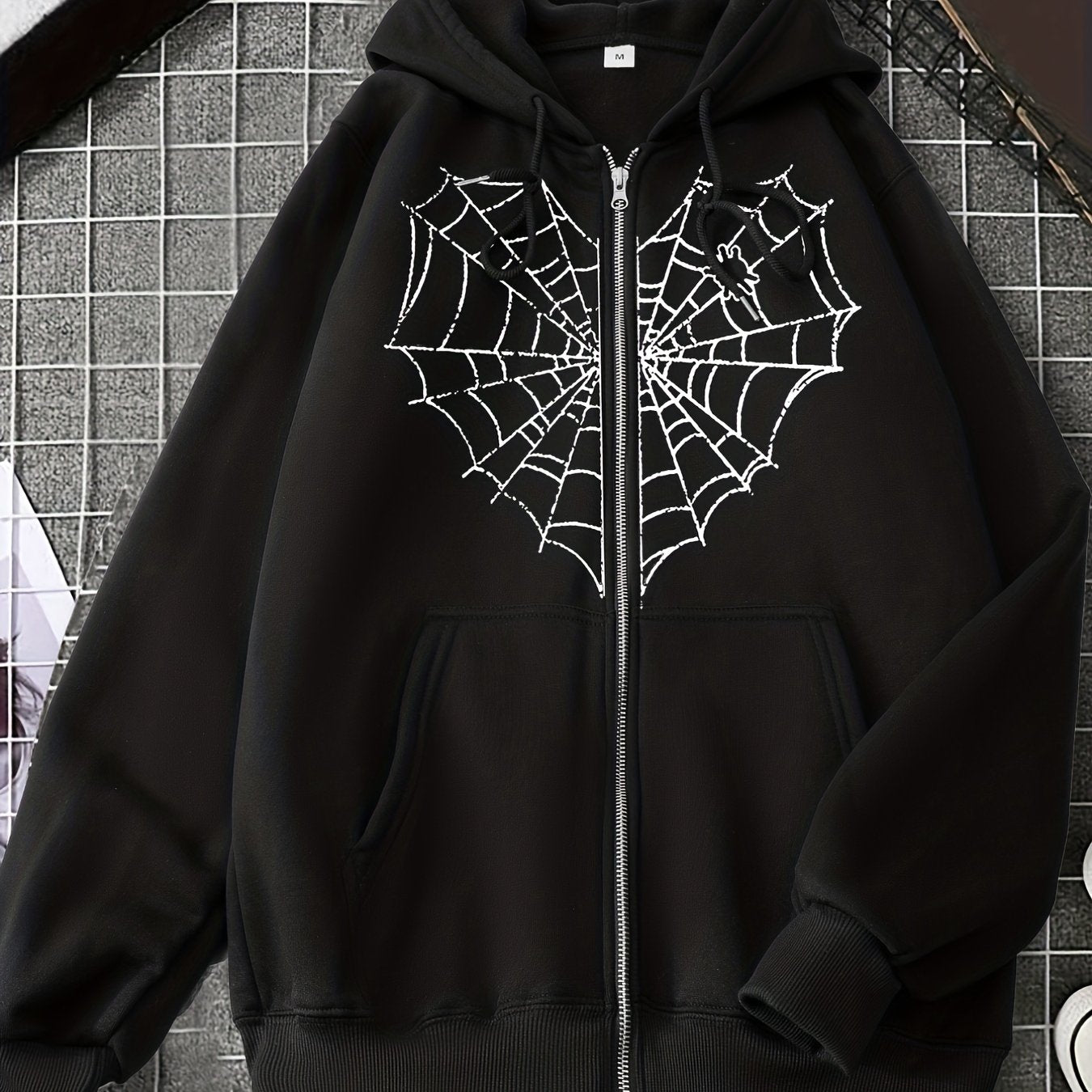 Sixsr Heart Web Print Zip Hoodie, Long Sleeve Zipper Thermal Hoodie Coat With Pocket, Streetwear Hooded Jacket