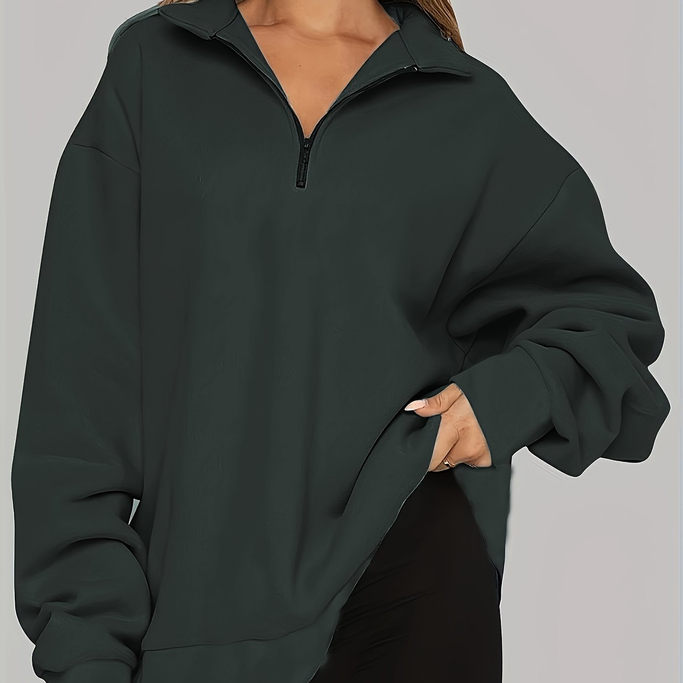 Sixsr Plus Size Casual Sweatshirt, Women's Plus Solid Long Sleeve Zip Up Lapel Collar Pullover Sweatshirt, Casual Tops For Fall & Winter, Women's Clothing