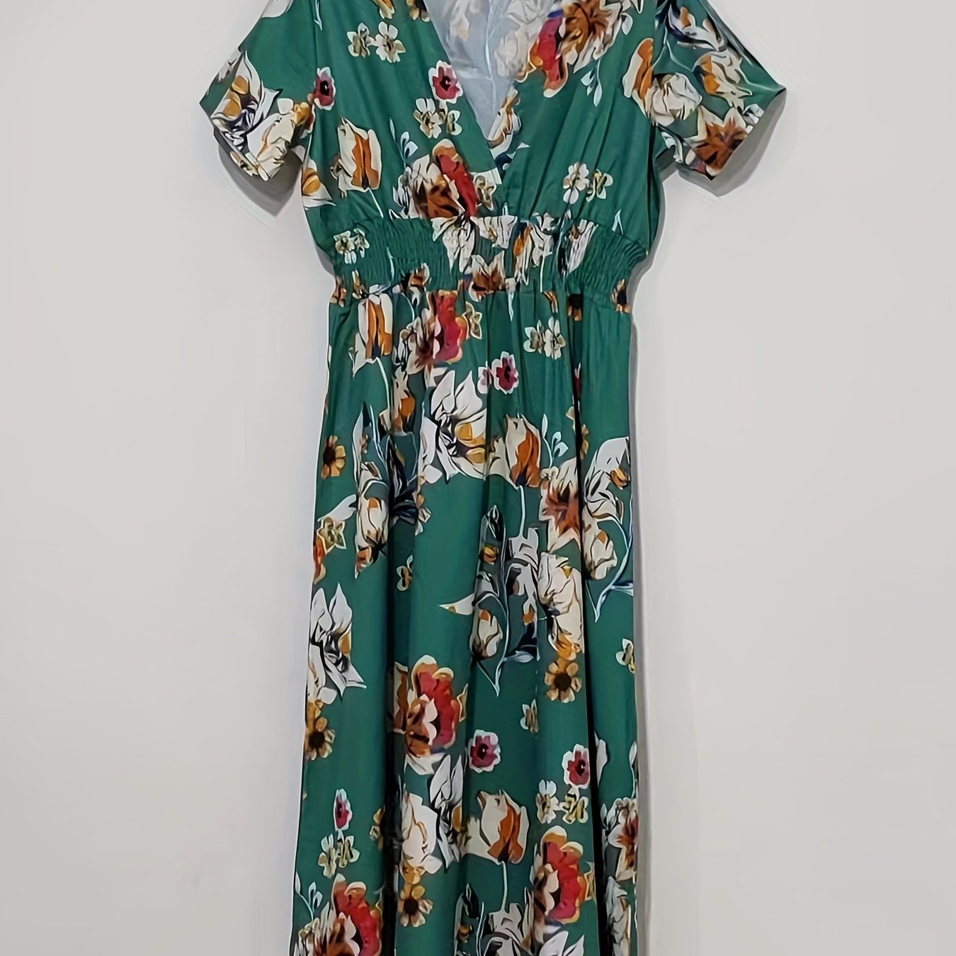 Sixsr Floral Print Surplice Neck Dress, Boho Short Sleeve Shirred Waist Dress, Women's Clothing