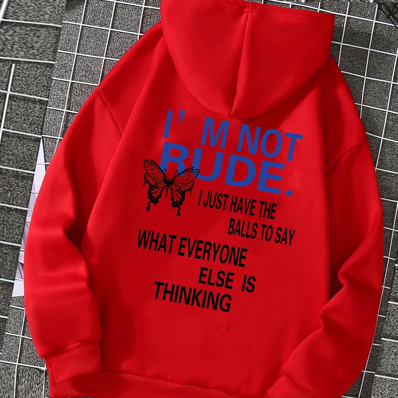 Sixsr Butterfly Letter Print Drawstring Loose Hoodie, Casual Hooded Pocket Fashion Long Sleeve Sweatshirt, Women's Clothing
