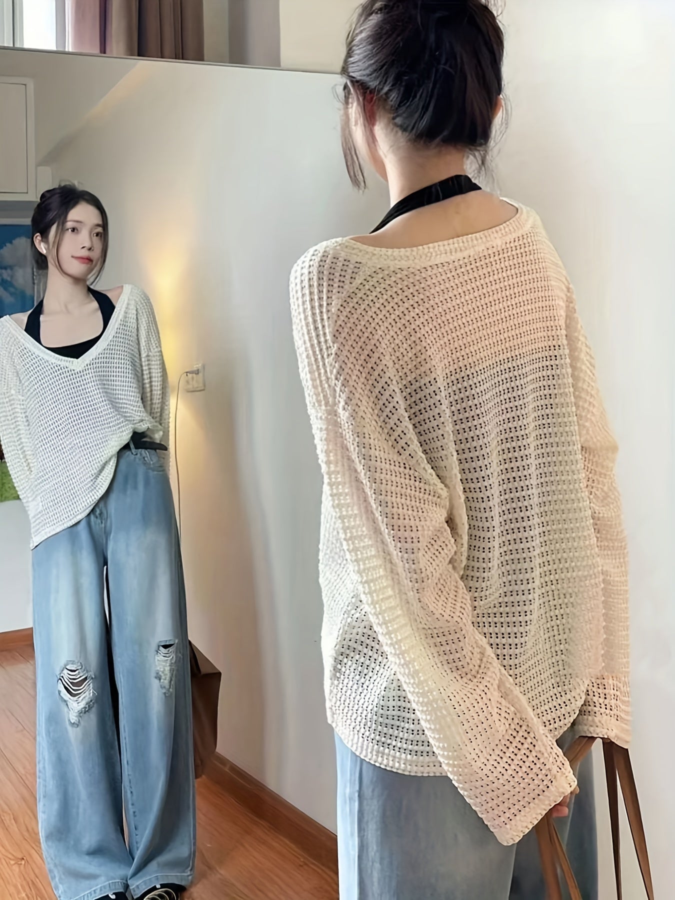 Sixsr Cutout Solid V Neck Cover Up Top, Casual Long Sleeve Top For Spring & Summer, Women's Clothing