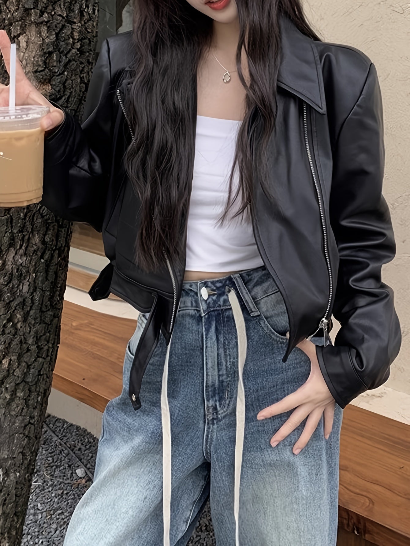 Sixsr Faux Leather Zip-up Jacket, Casual Long Sleeve Crop Biker Jacket For Fall & Winter, Women's Clothing