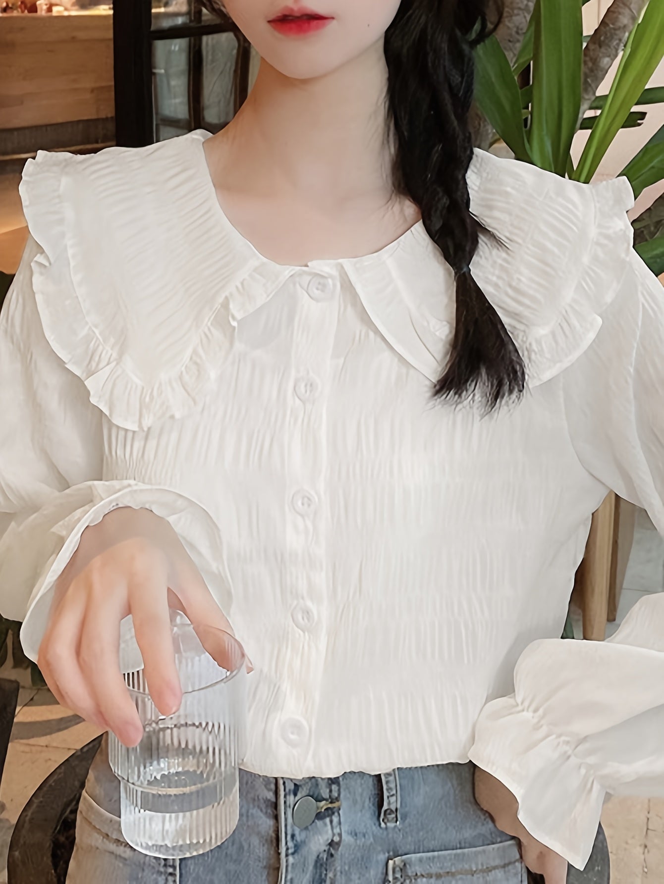 Sixsr Solid Textured Peter Pan Collar Blouse, Sweet Long Sleeve Button Front Blouse For Spring & Fall, Women's Clothing