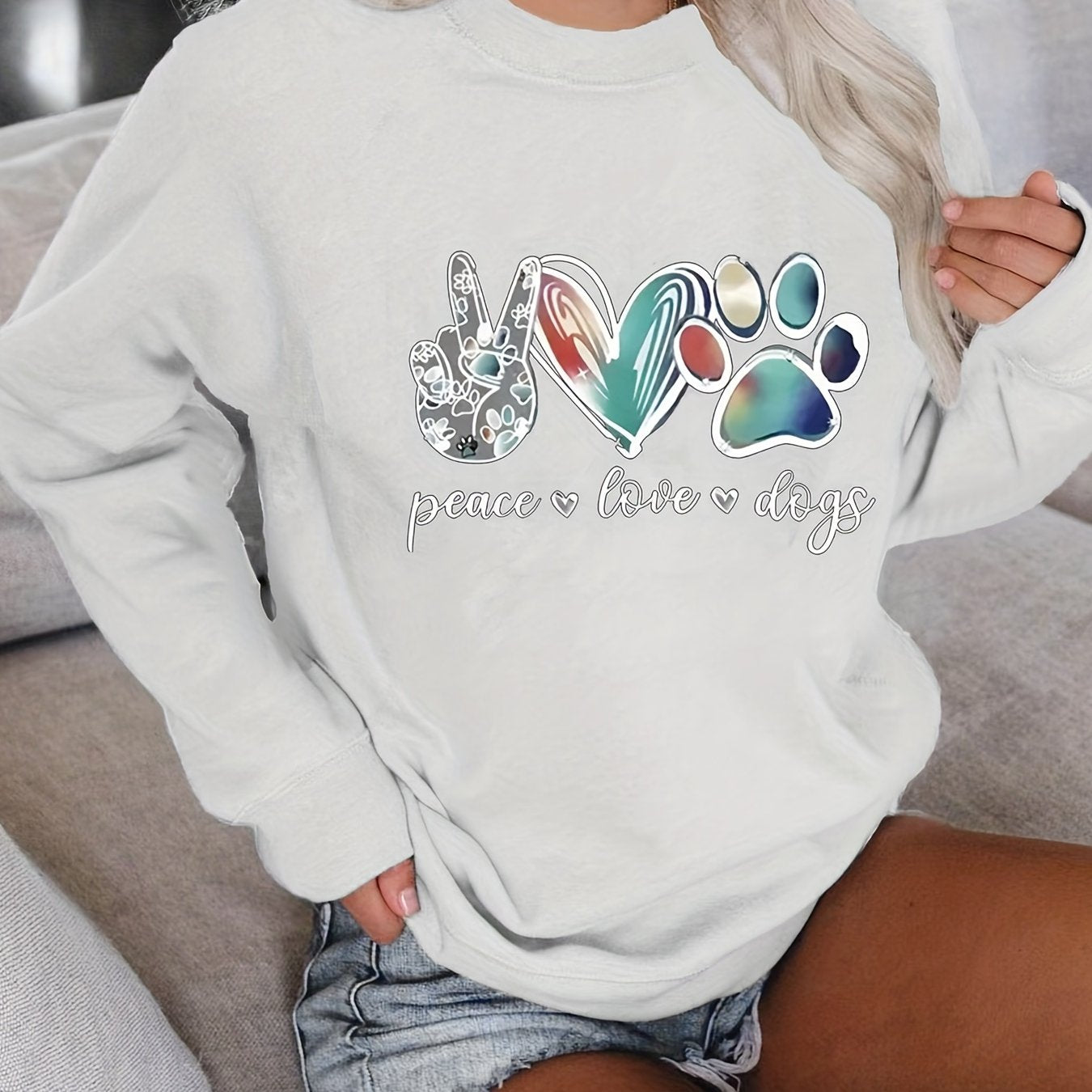 Sixsr Plus Size Casual Sweatshirt, Women's Plus Art Letter & Heart & Paw & Hand Print Long Sleeve Round Neck Slight Stretch Sweatshirt