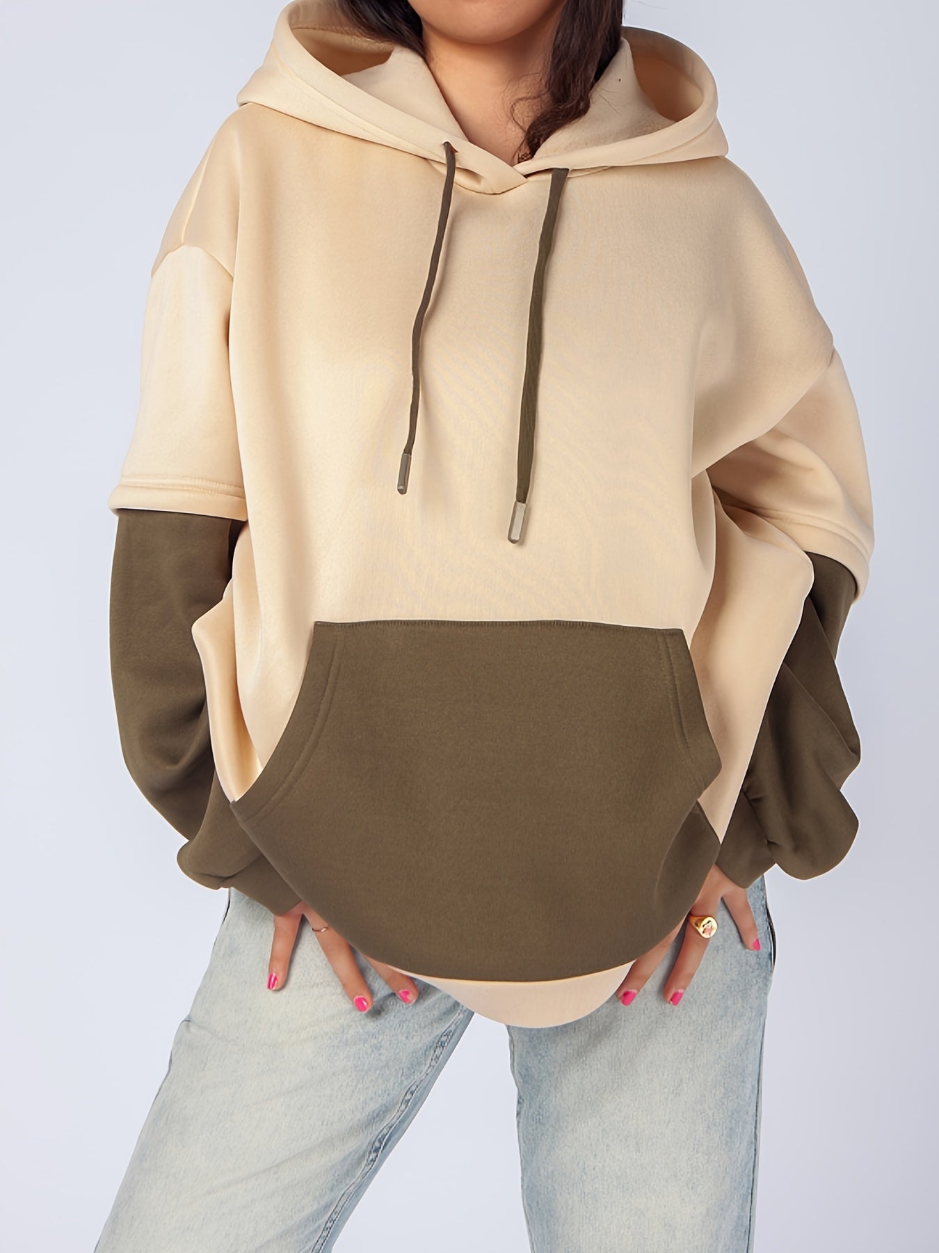 Sixsr Plus Size Casual Sweatshirt, Women's Plus Colorblock Long Sleeve Slight Stretch Drawstring Hoodie With Giant Pocket