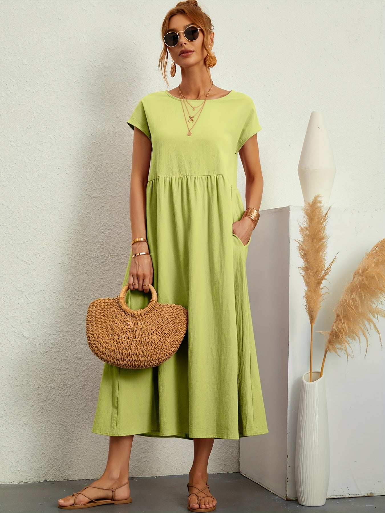 Sixsr Loose Pocket Solid Dress, Casual Short Sleeve Crew Neck Waist Summer Dress, Women's Clothing