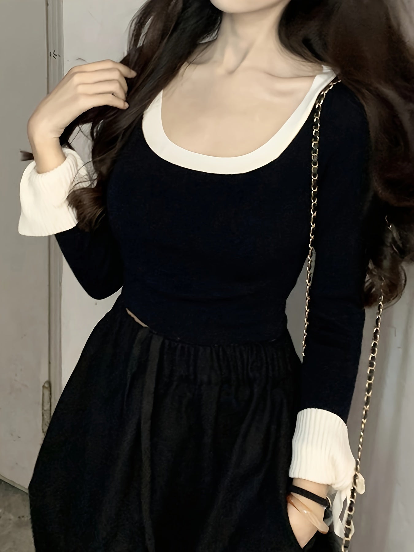 Sixsr Color Block Scoop Neck Knitted Top, Casual Tied Long Sleeve Crop Pullover Sweater, Women's Clothing
