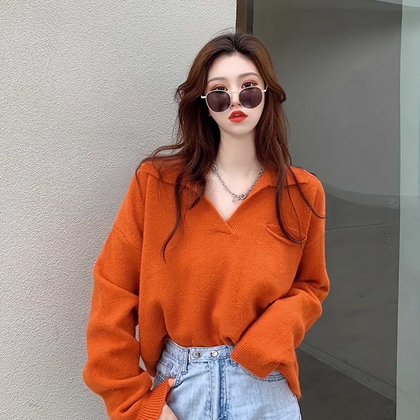 Sixsr Solid Notched Collar Pocket Sweater, Casual Long Sleeve Drop Shoulder Sweater, Women's Clothing