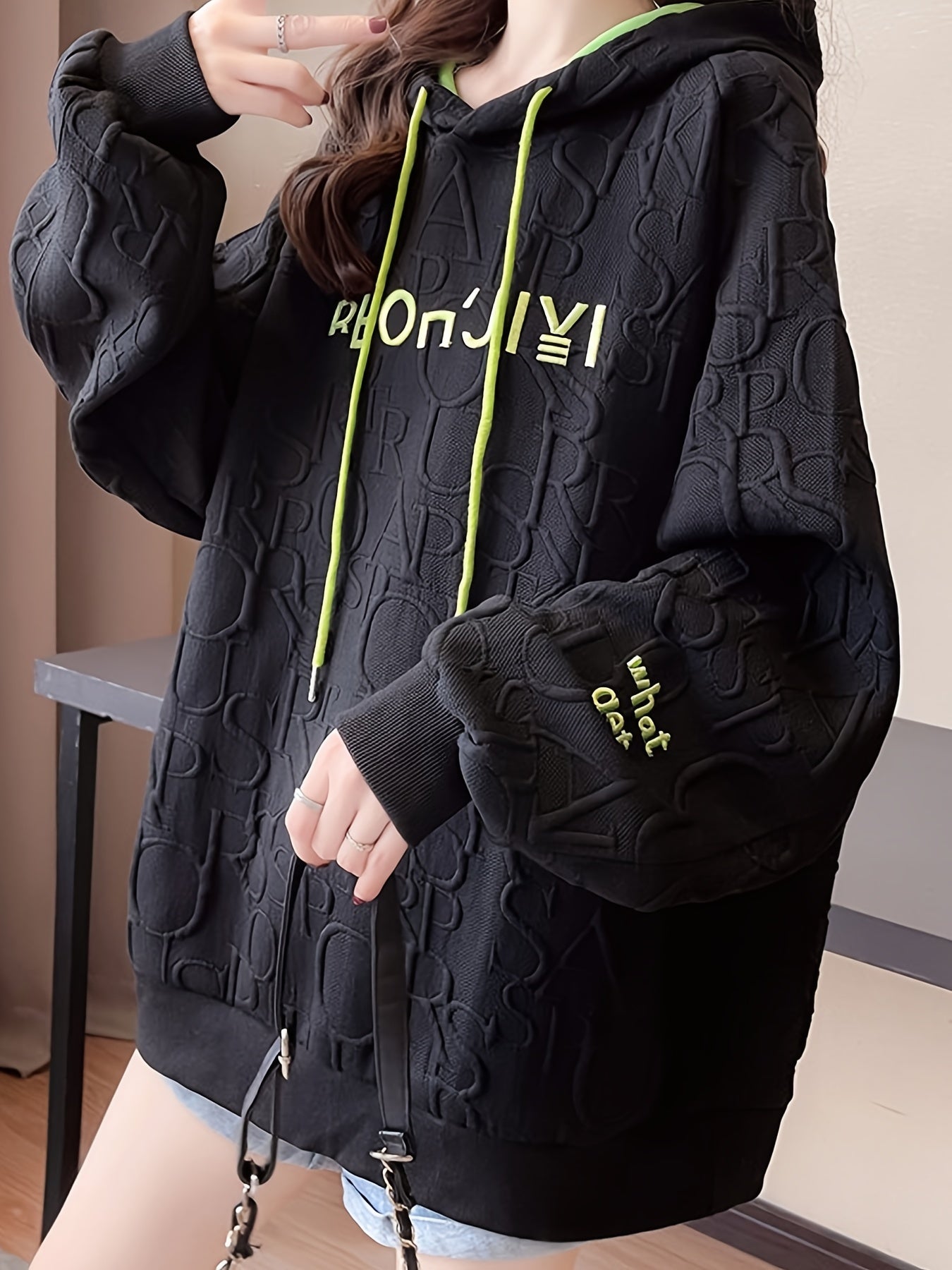 Sixsr Letter Print Embroidered Drawstring Thermal Hoodie, Casual Printed Long Sleeve Hoodies Sweatshirts, Women's Clothing