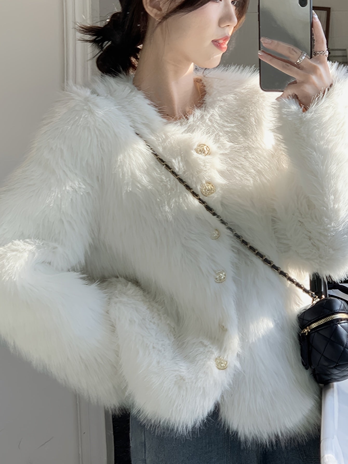 Sixsr Fluffy Solid Warm Coat, Casual Button Front Long Sleeve Outerwear, Women's Clothing
