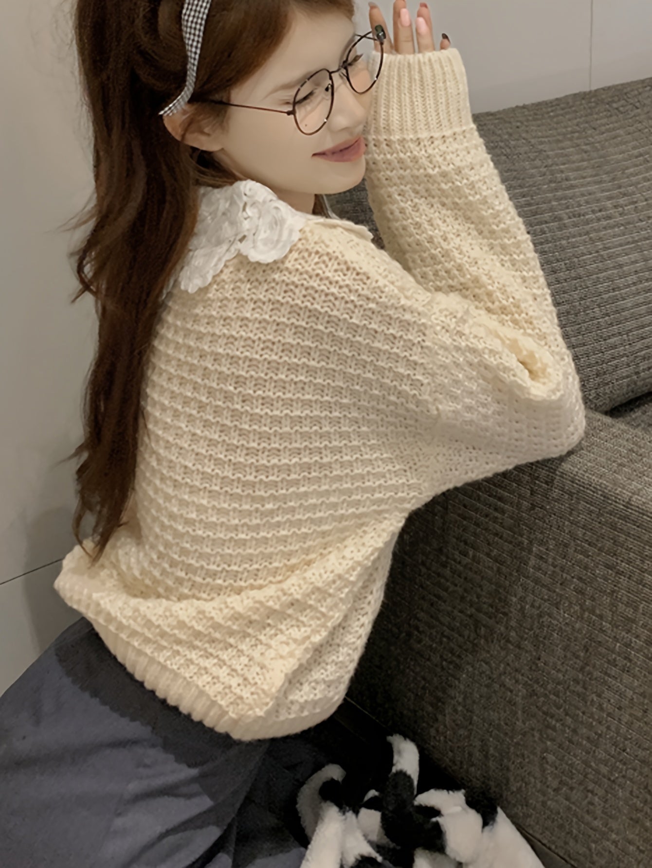 Sixsr Geo Pattern Peter Pan Collar Sweater, Sweet Long Sleeve Sweater For Fall & Winter, Women's Clothing
