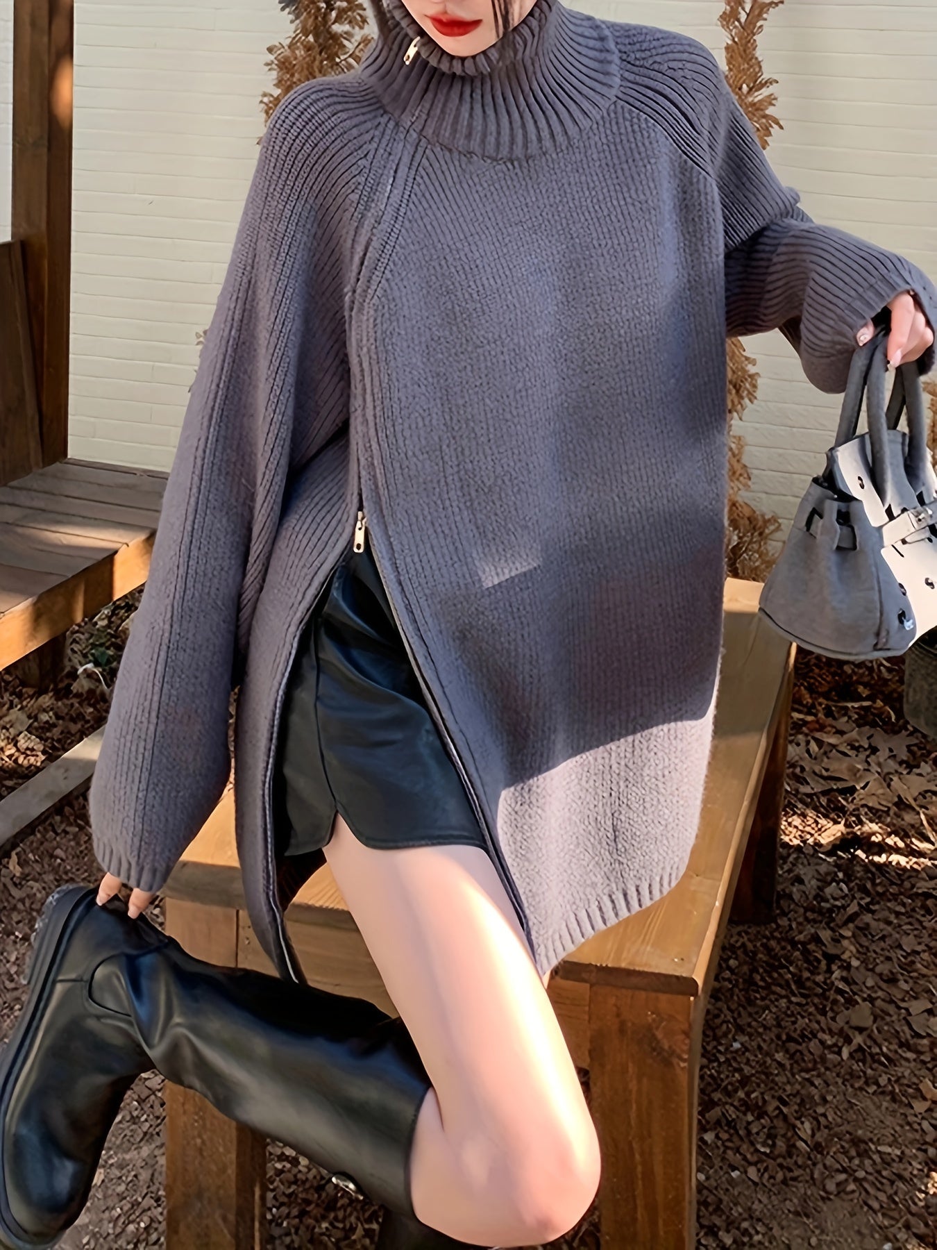 Sixsr Solid Zip Up Oversized Pullover Sweater, Casual Turtle Neck Long Sleeve Sweater, Women's Clothing