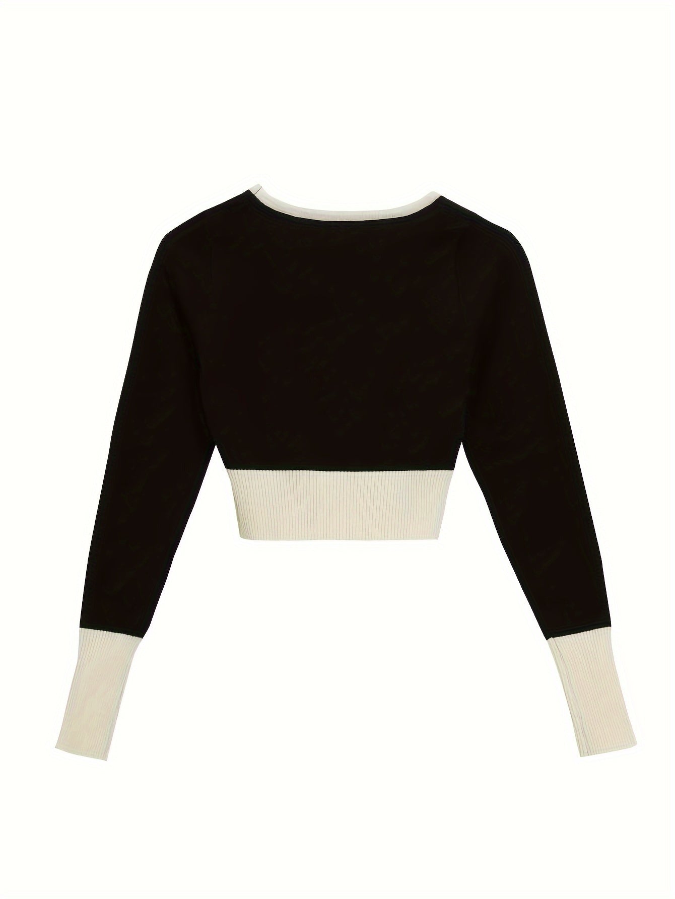 Sixsr Color Block Scoop Neck Knitted Top, Vintage Long Sleeve Crop Fashion Sweater, Women's Clothing