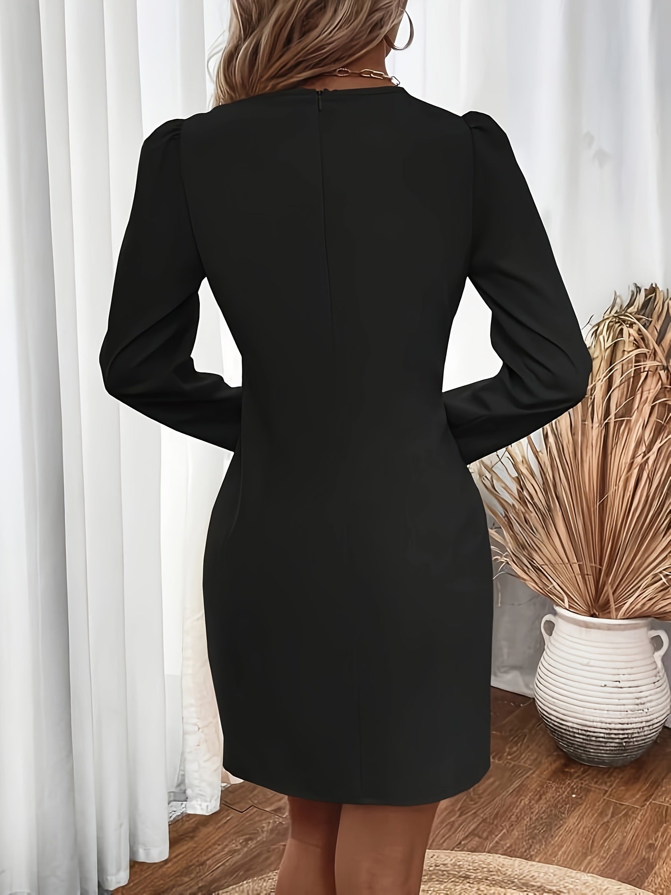 Sixsr Solid Color Bag Hip Dress, Elegant Waist Slim Crew Neck Long Sleeve Dress For Fall & Winter, Women's Clothing