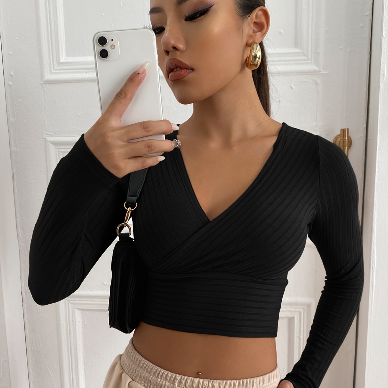 Sixsr Ribbed Solid Deep V Neck Long Sleeve Cross Wrap Crop Tops , Women's Clothings