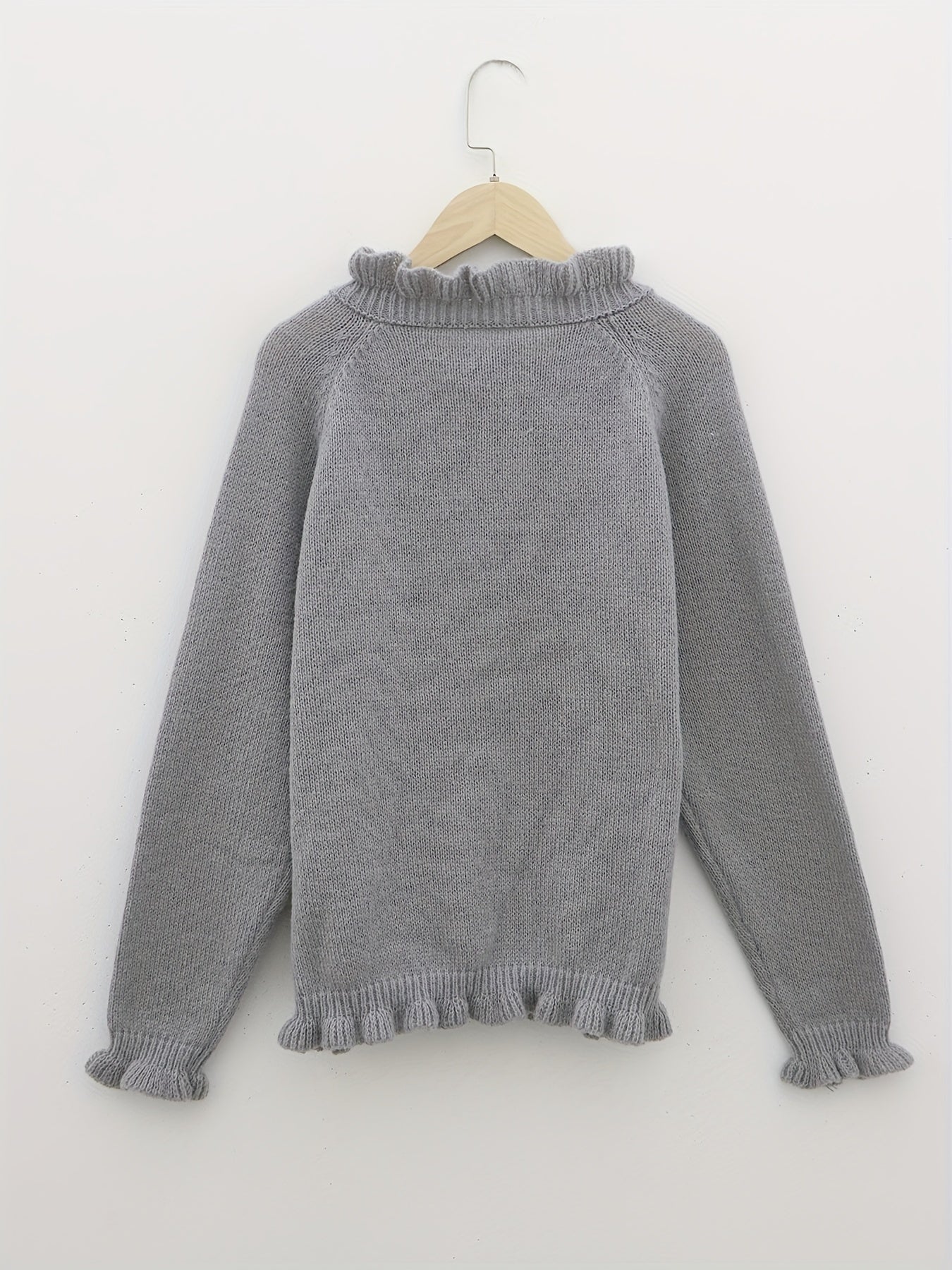 Sixsr Solid V Neck Button Ruffle Hem Pullover Sweater, Casual Long Sleeve Sweater For Fall & Winter, Women's Clothing