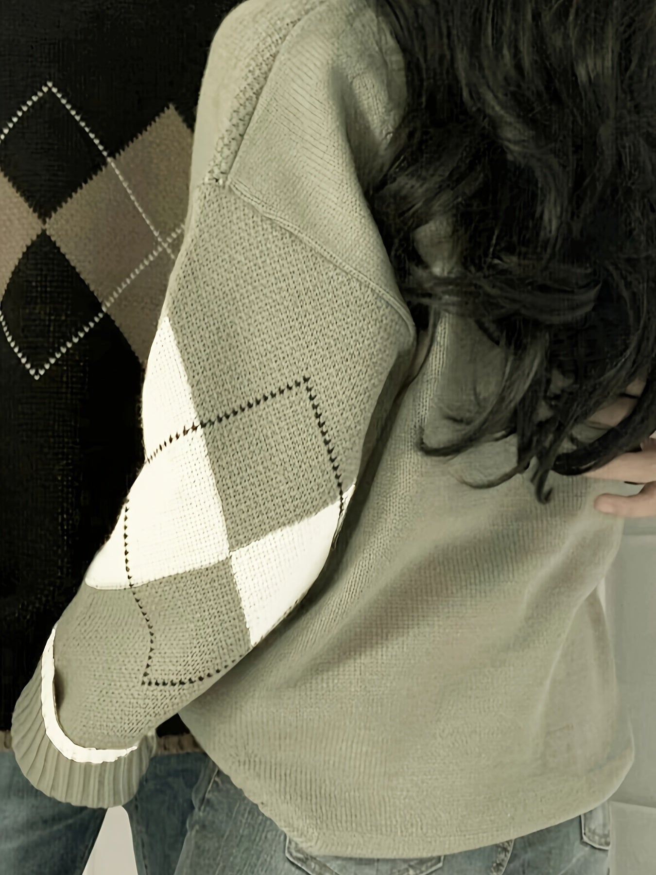 Sixsr Argyle Pattern Crew Neck Pullover Sweater, Vintage Long Sleeve Loose Sweater, Women's Clothing