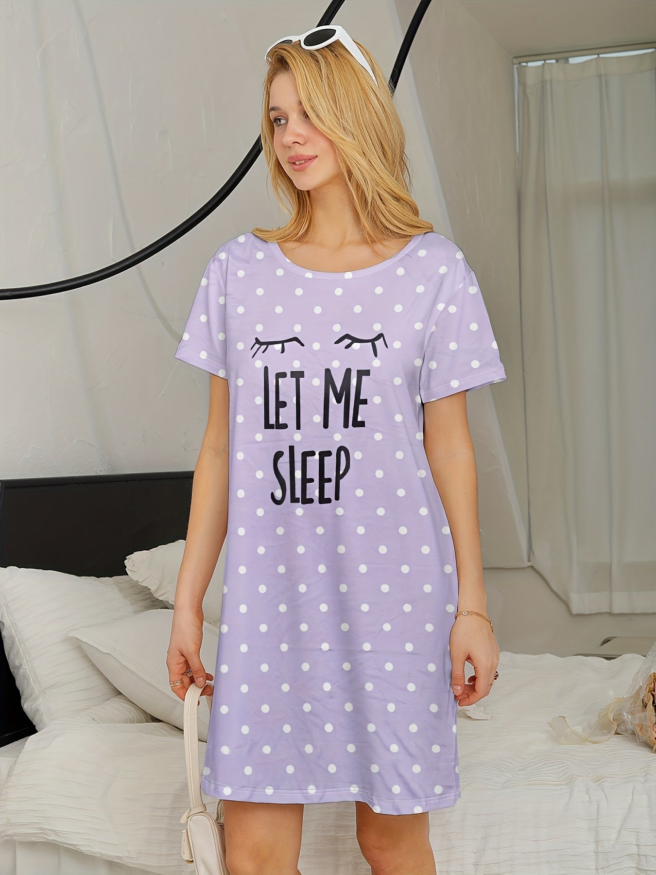 Sixsr Letter Print Polka Dot NightDress, Short Sleeve Crew Neck Pajama Dress, Women's Sleepwear & Dresses