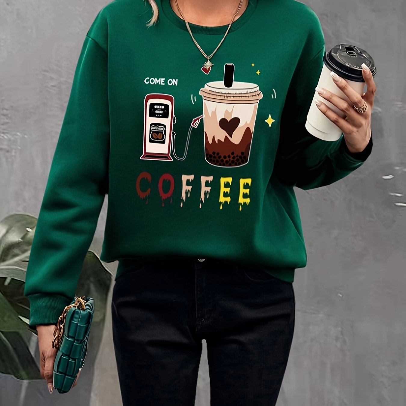 Sixsr Coffee & Letter Pattern Pullover Sweatshirt, Casual Long Sleeve Crew Neck Sweatshirt For Fall & Winter, Women's Clothing