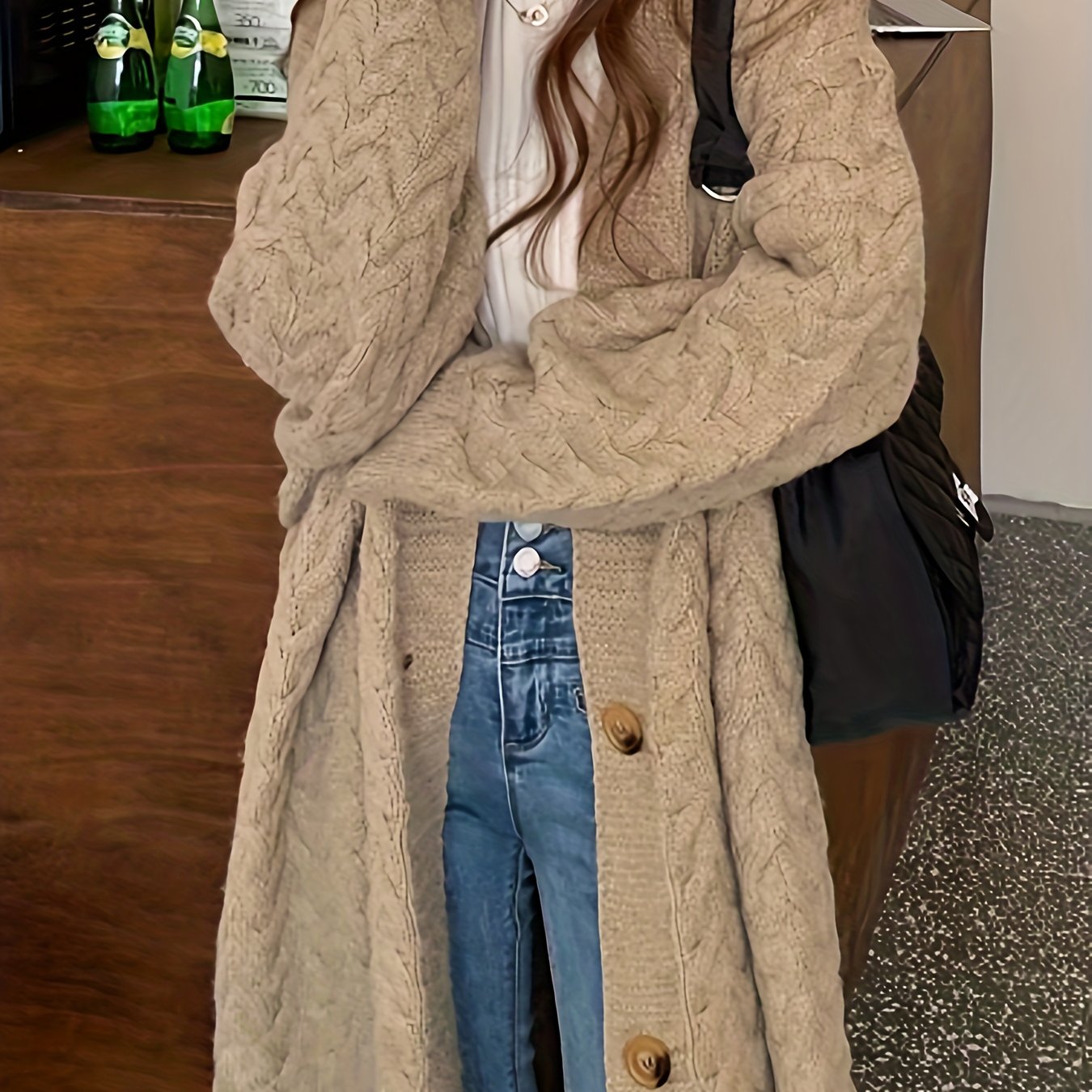 Sixsr Solid Button Down Cable Knit Cardigan, Casual Long Sleeve Mid Length Sweater Coat, Women's Clothing