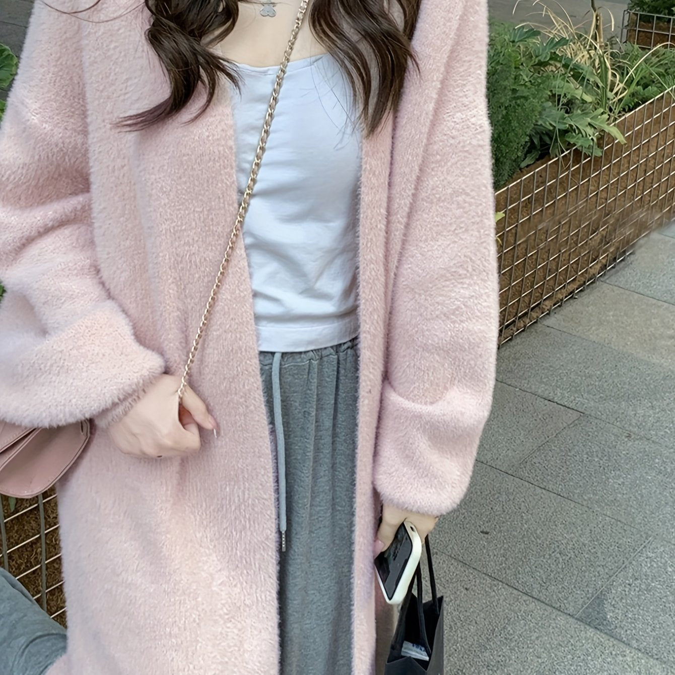 Sixsr Solid Open Front Loose Knit Cardigan, Elegant Long Sleeve Mid Length Comfy Sweater, Women's Clothing