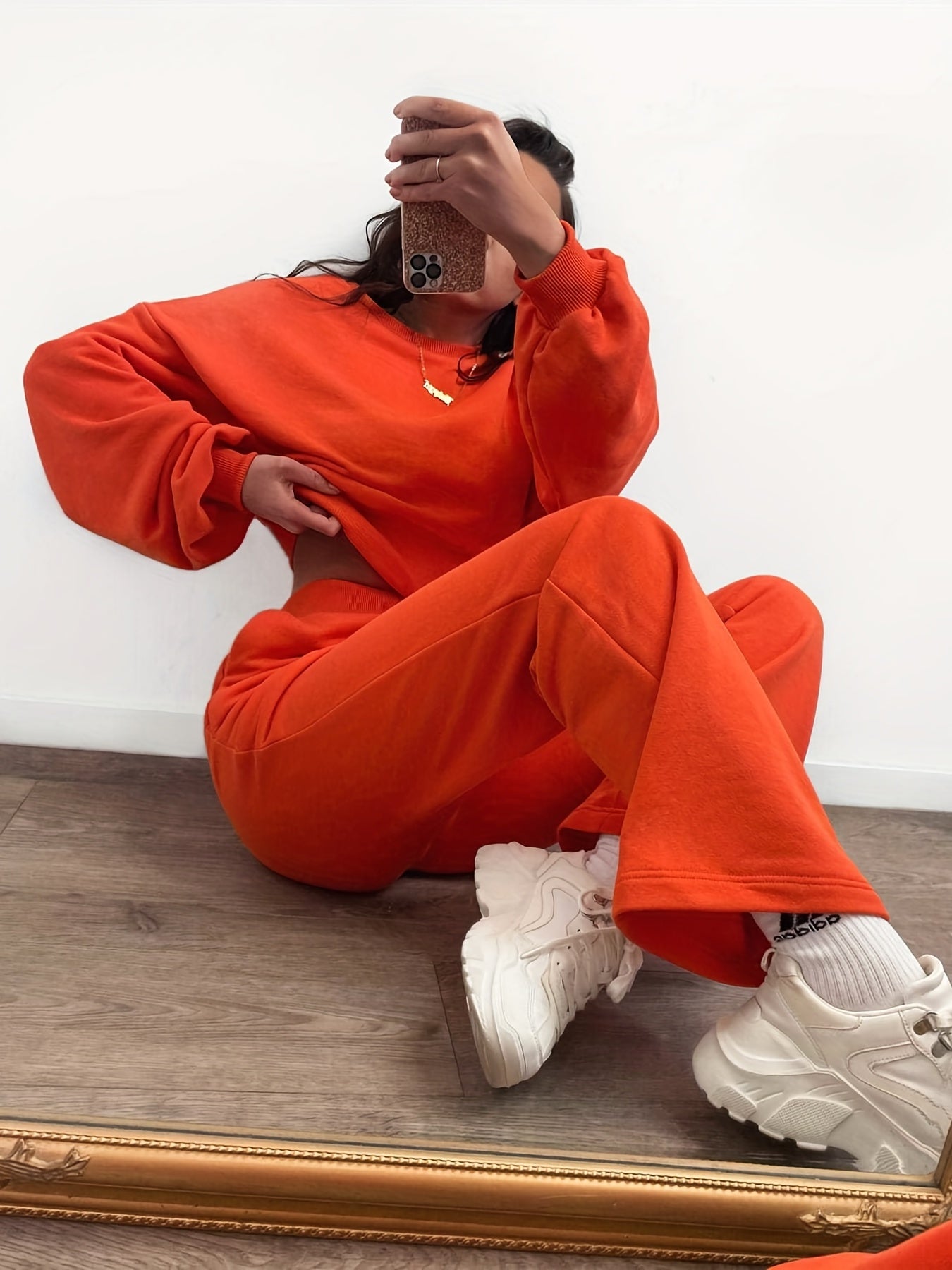 Sixsr Casual Solid Two-piece Set, Crew Neck Long Sleeve Sweatshirt & Straight Leg Pants Outfits, Women's Clothing