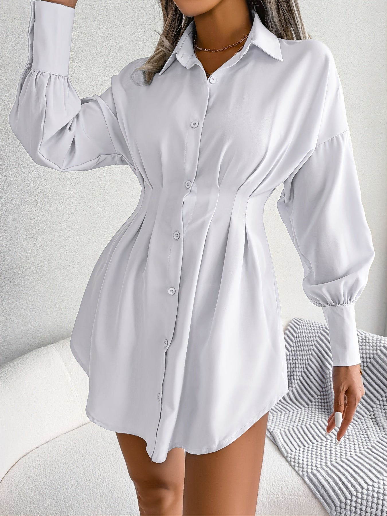 Sixsr Lantern Sleeve Pleated Waist Dress, Casual Shirt Dress For Spring & Fall, Women's Clothing
