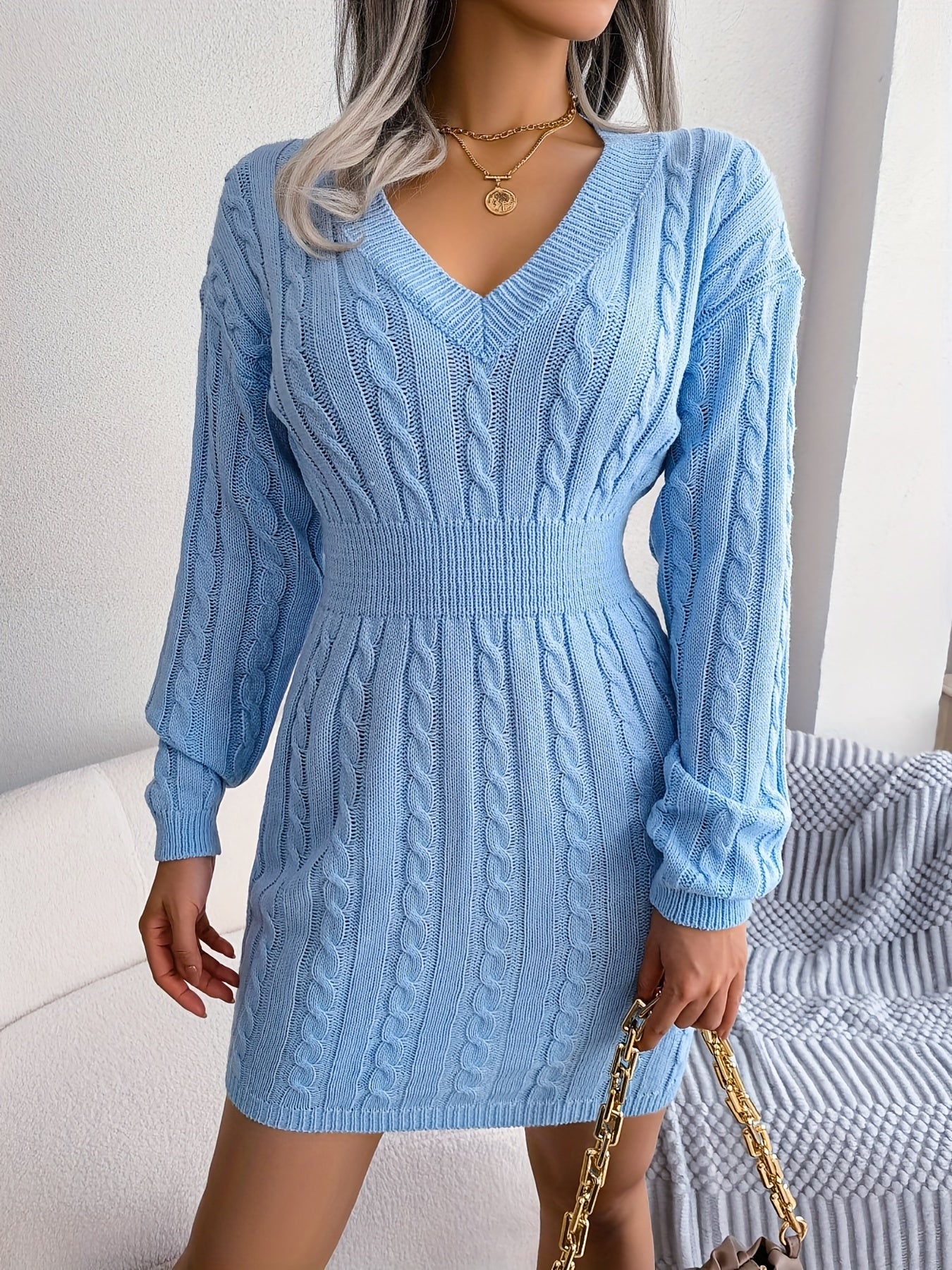 Sixsr Cable Knit Sweater Dress, Casual V Neck Long Sleeve Bag Hip Dress, Women's Clothing