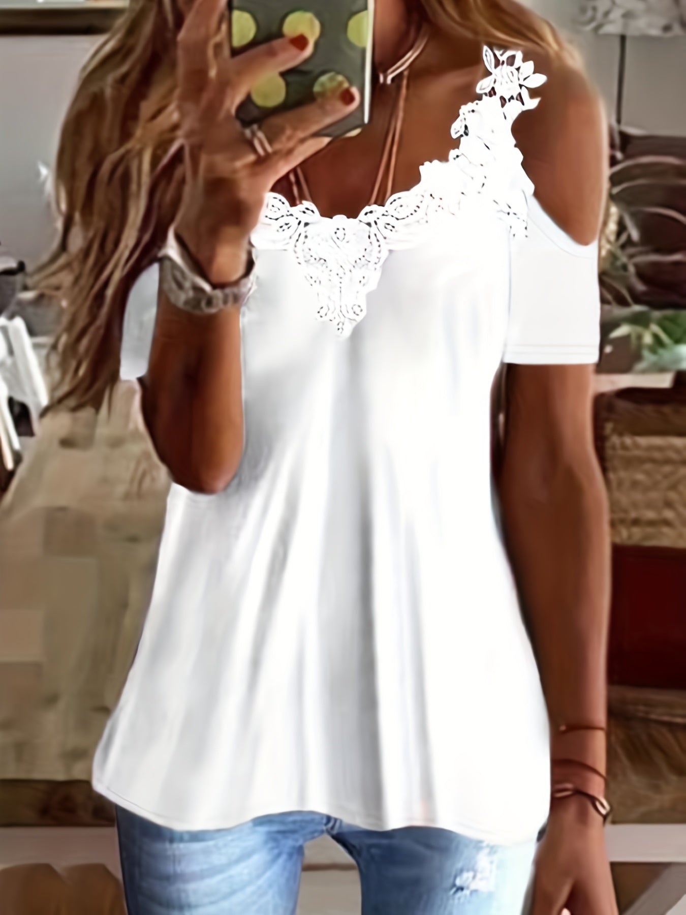 Sixsr Lace Trim Cold Shoulder T-shirt, Casual Solid V Neck Short Sleeve T-shirt, Women's Clothing
