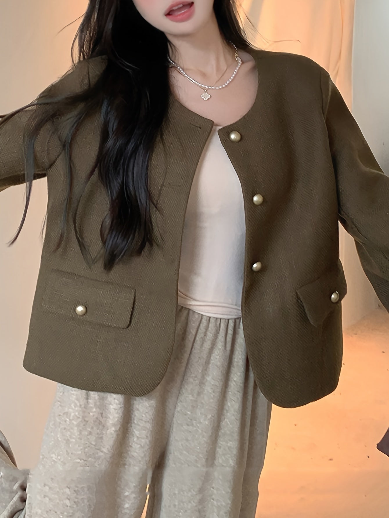 Sixsr Solid Single Breasted Elegant Jacket, Versatile Long Sleeve Outwear For Fall & Winter, Women's Clothing