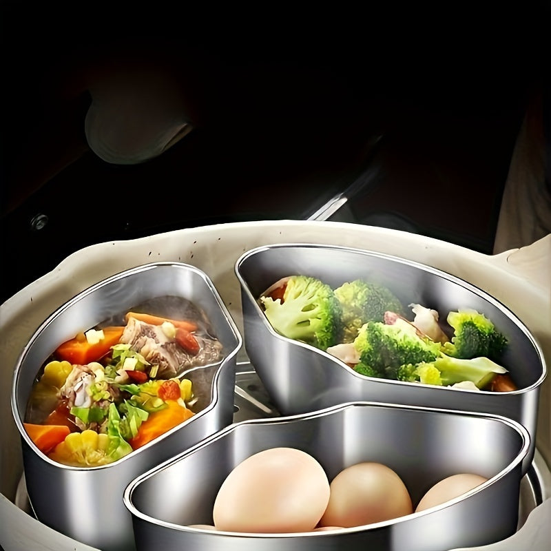 3-Piece Stainless Steel Fan-Shaped Steamer Set with Tray, Grid, and Bowls for Health Cooking, Multi-Functional Separator Rice Cooker for Home Kitchen, Outdoor Camping, and Hiking