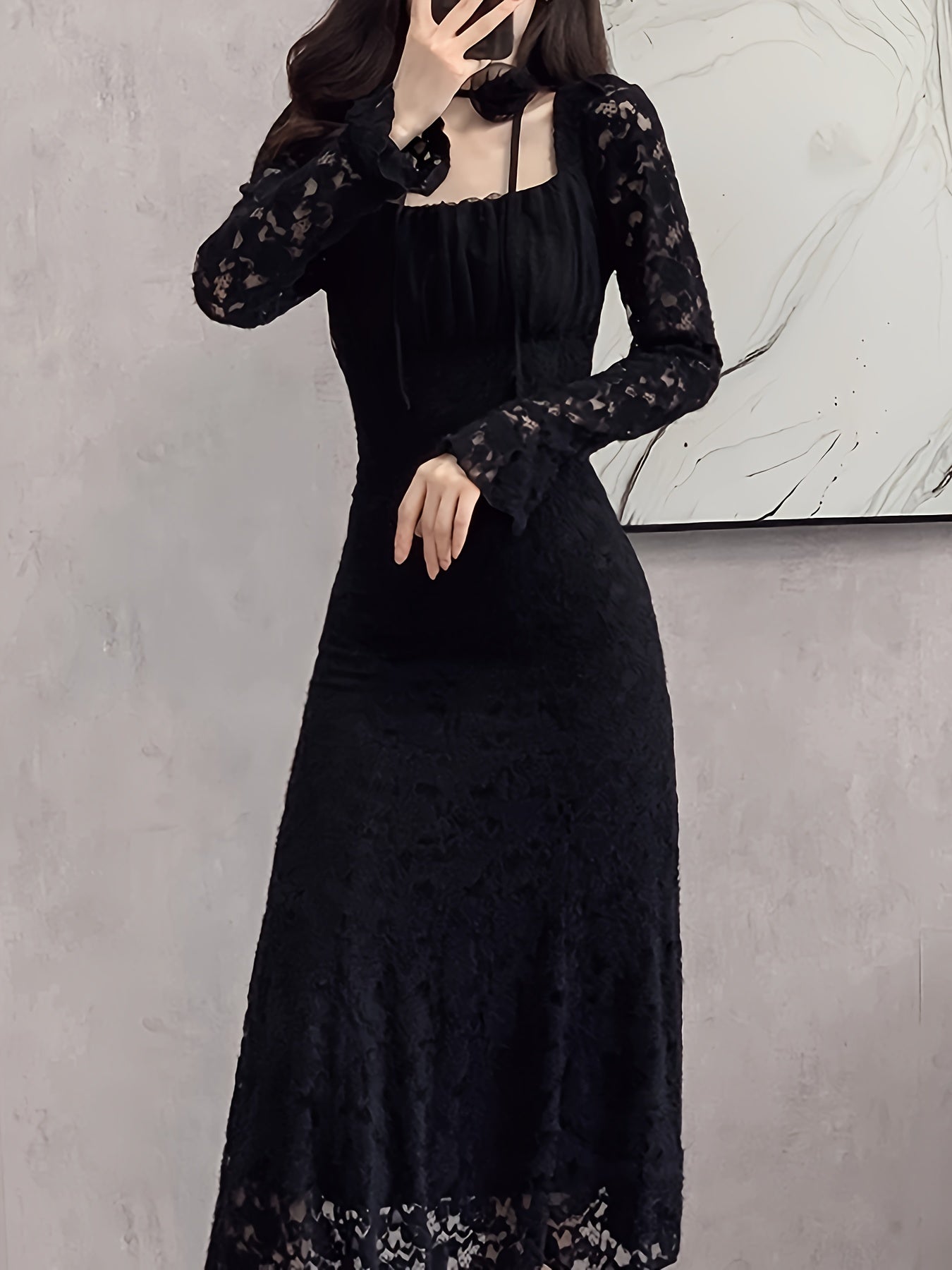Sixsr Square Neck Lace Trumpet Dress, Chic Long Sleeve Ruched Mid Calf Dress, Women's Clothing
