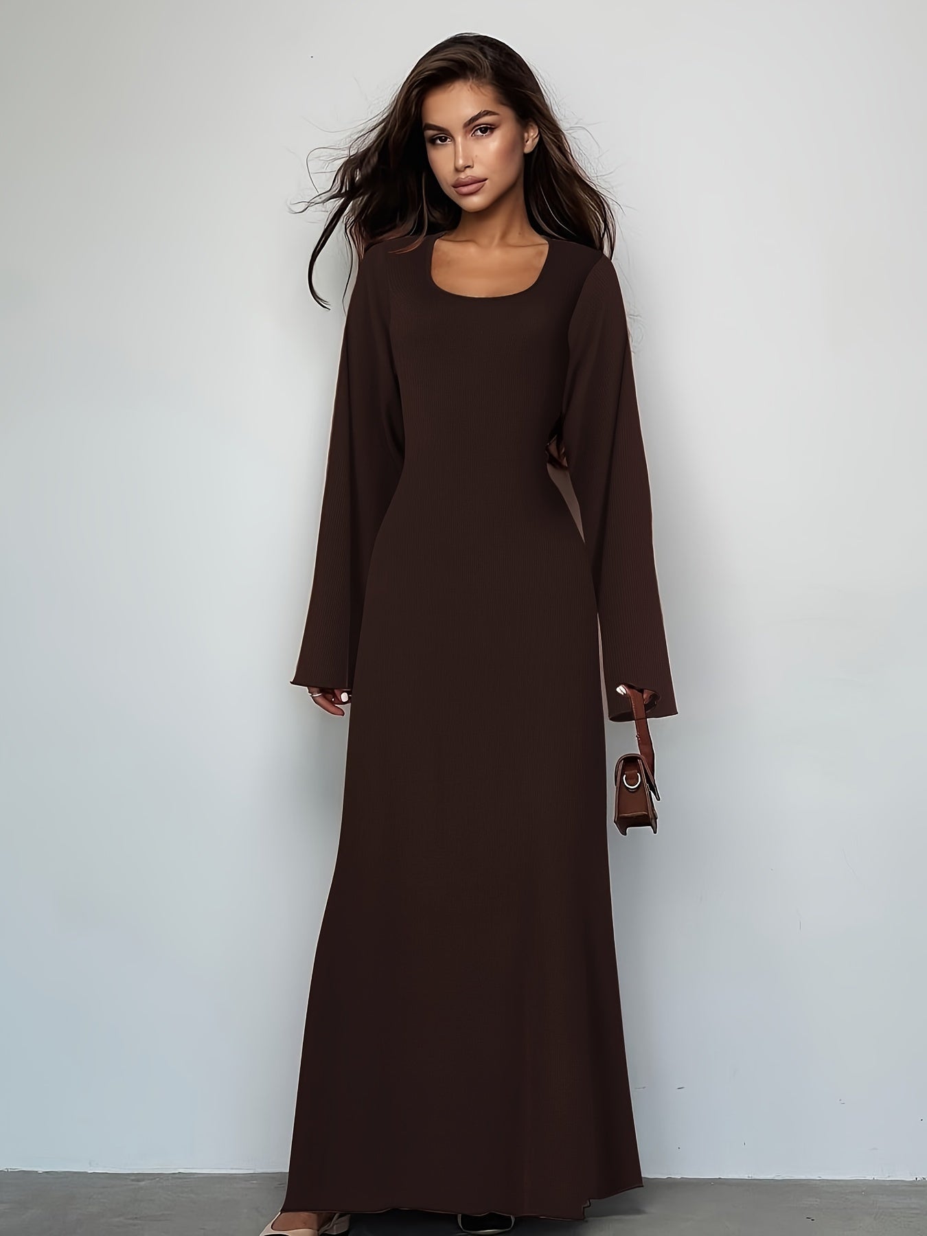 Sixsr Solid Tie Back U Neck Dress, Elegant Long Sleeve Maxi Dress, Women's Clothing