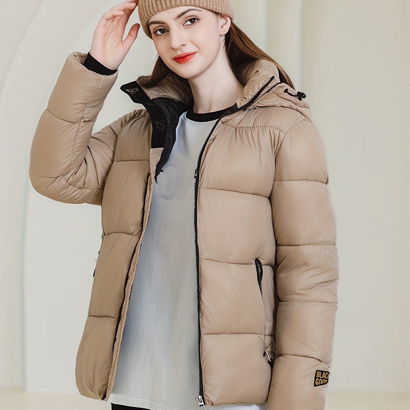 Sixsr Solid Zipper Front Hooded Coat, Versatile Long Sleeve Warm Winter Outwear, Women's Clothing