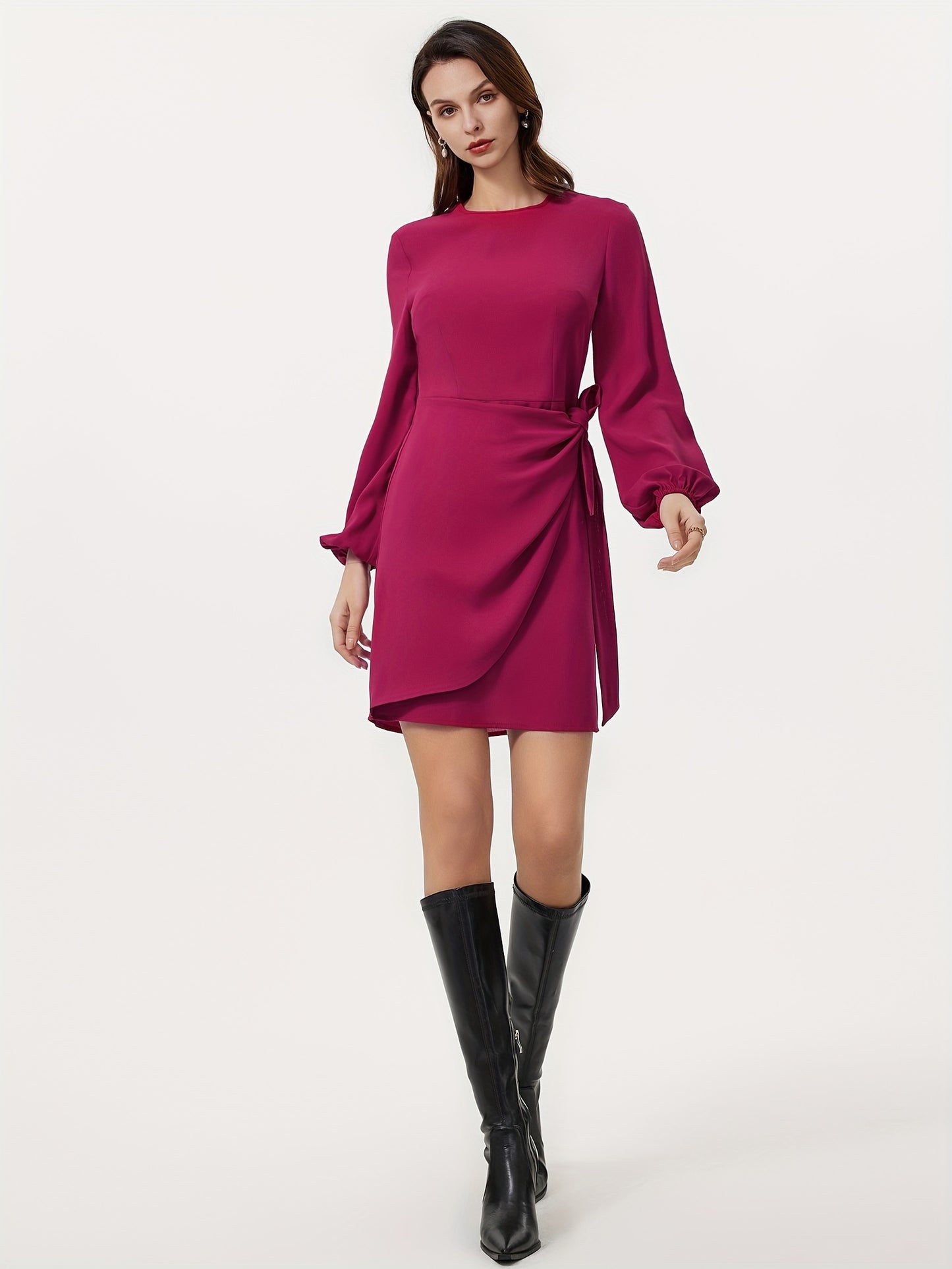 Sixsr Solid Knotted Bodycon Dress, Elegant Long Sleeve Crew Neck Mini Dress, Women's Clothing