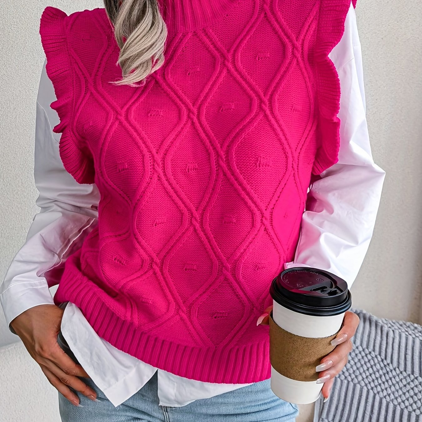 Sixsr Women's Ruffle Trim Sleeve Polo Neck Knit Tops, Elegant Fall Winter Sweatshirts, Women's Clothing