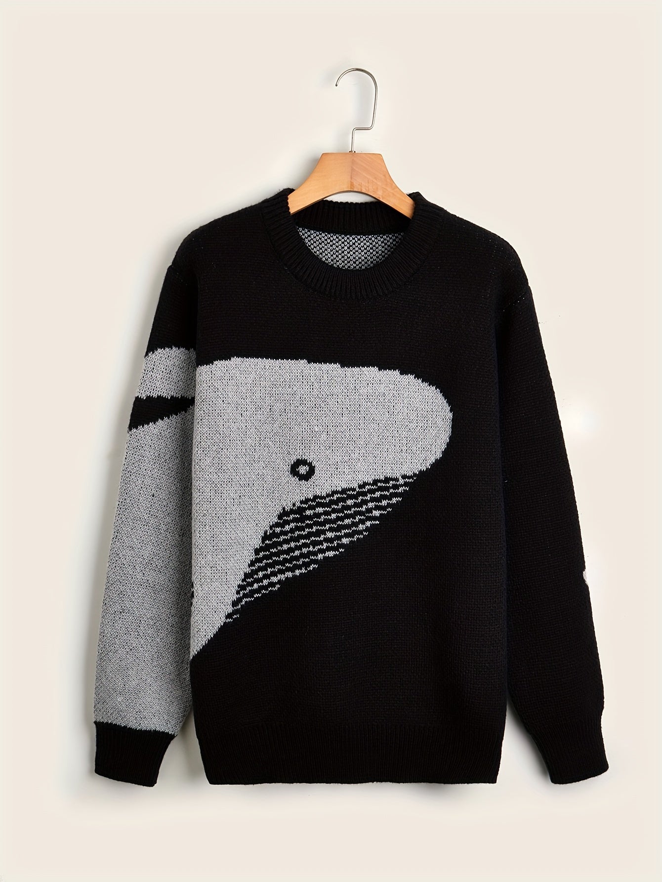 Sixsr Cartoon Whale Print, Loose Fit Warm Sweater, Men's Casual Retro Style Slightly Stretch Crew Neck Pullover Sweater For Fall Winter