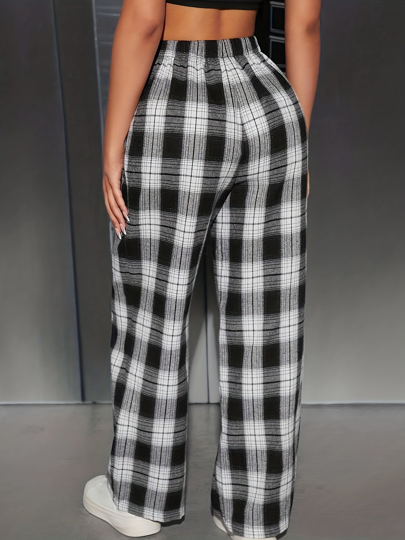 Sixsr Plaid Print Straight Leg Pants, Casual Loose Elastic Waist Pants, Women's Clothing