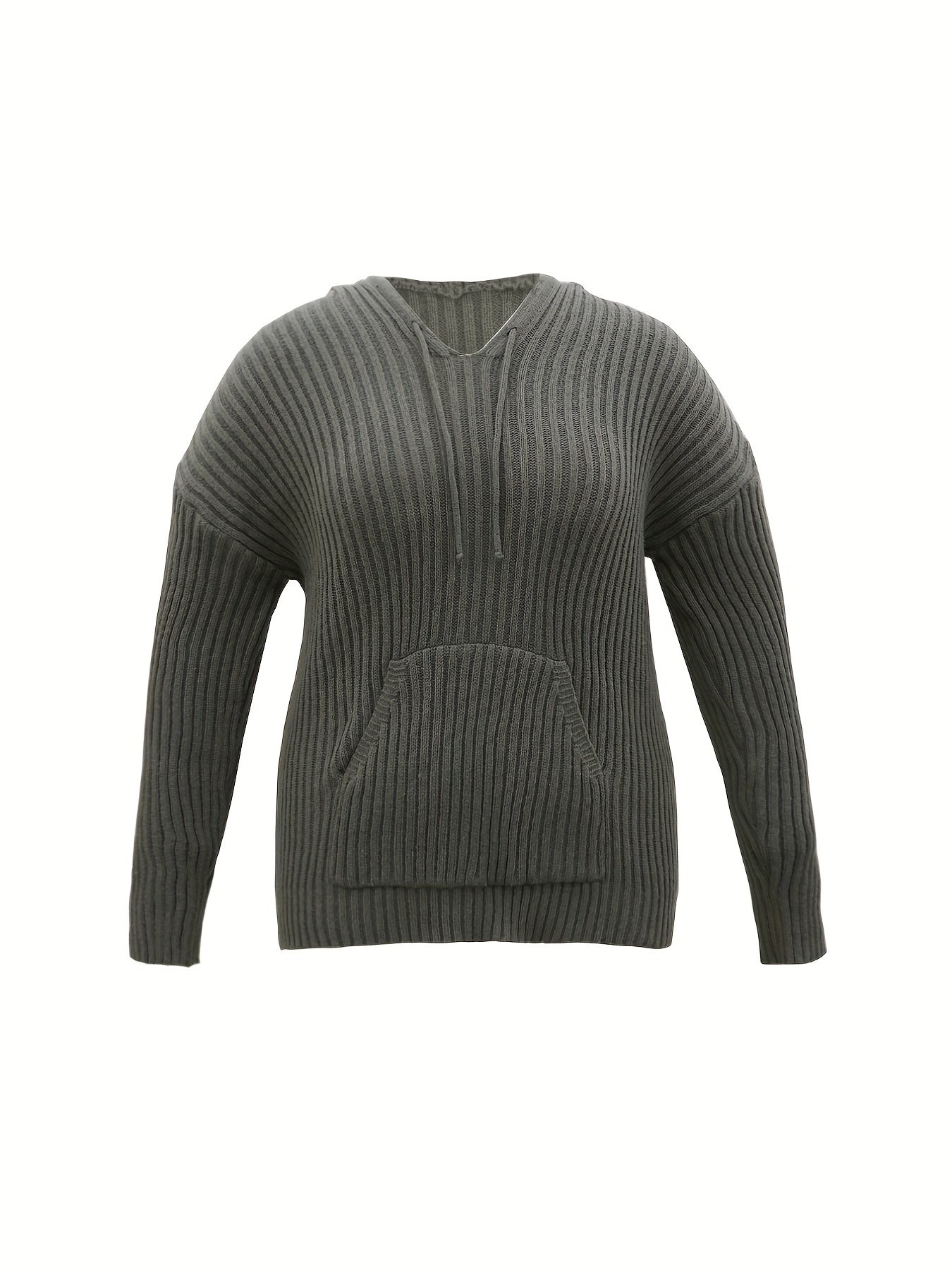 Sixsr Plus Size Casual Knit Top, Women's Plus Solid Ribbed Long Sleeve Drawstring Hooded Knit Top
