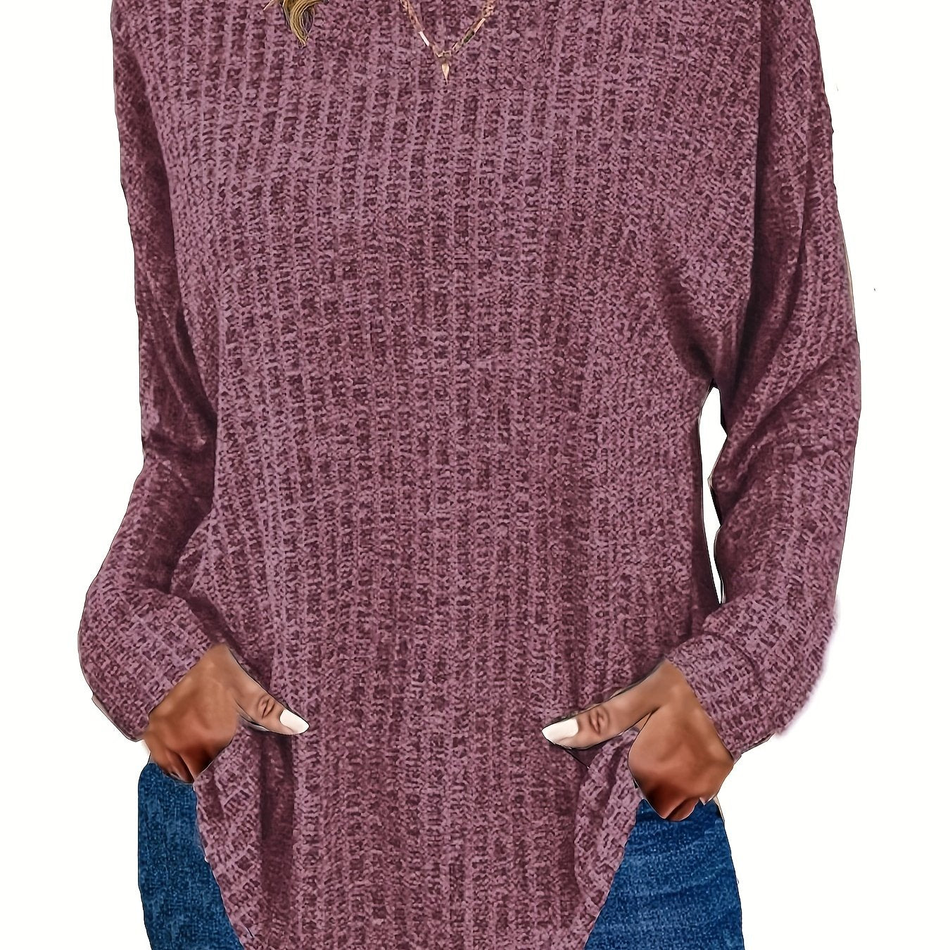 Sixsr Plus Size Casual Sweater, Women's Plus Solid Ribbed Long Sleeve Round Neck Knit Top