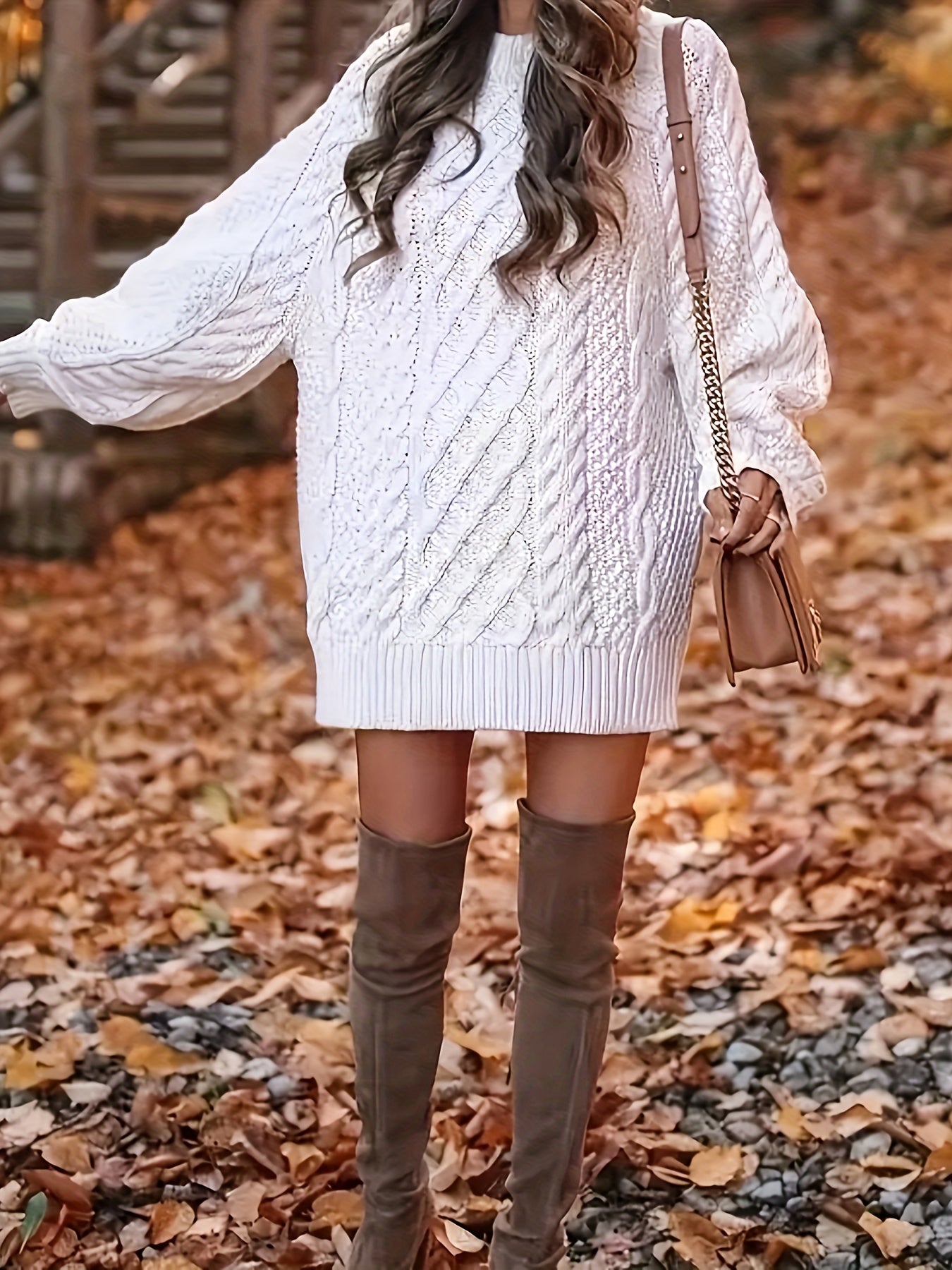 Sixsr Plus Size Preppy Sweater Dress, Women's Plus Solid Cable Lantern Sleeve Round Neck High Stretch Loose Fit Mini Sweater Dress